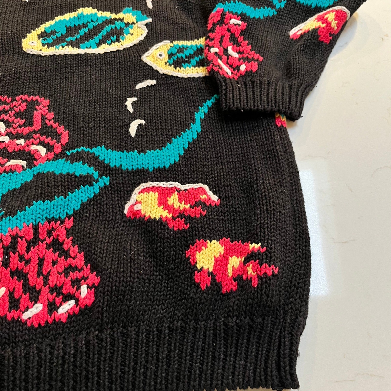 Cape Isle Knitters Vintage Tropical Fish Coral Reef Black Ramie Cotton Sweater L