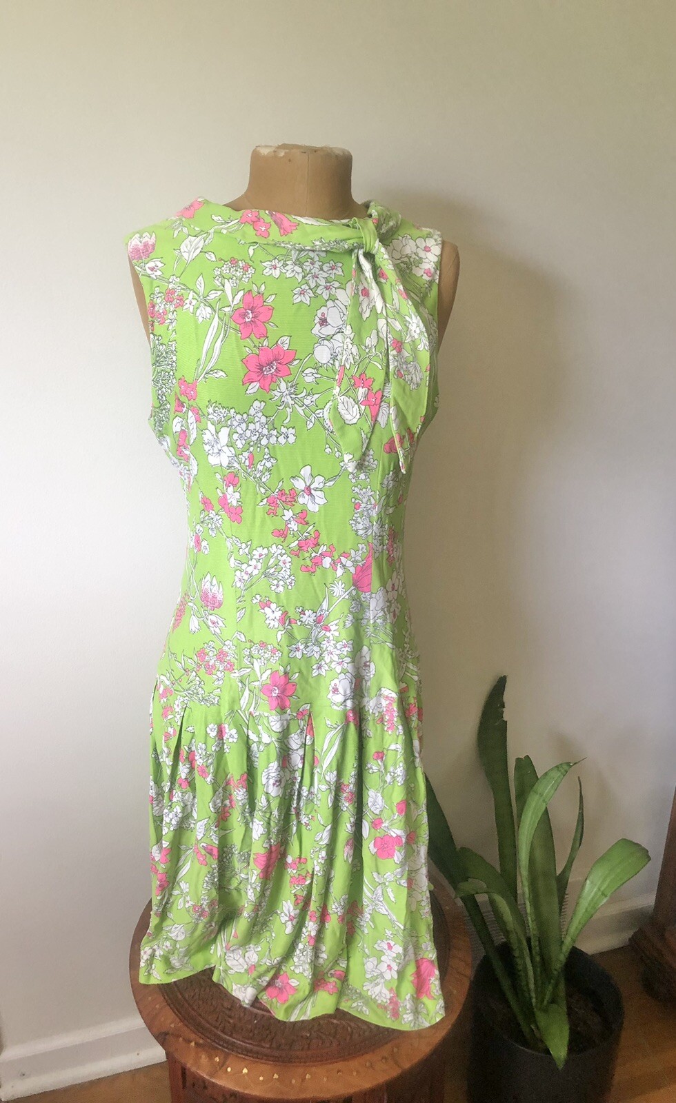 1920’s Inspired Lime Green & Pink Floral Drop Waist Dress