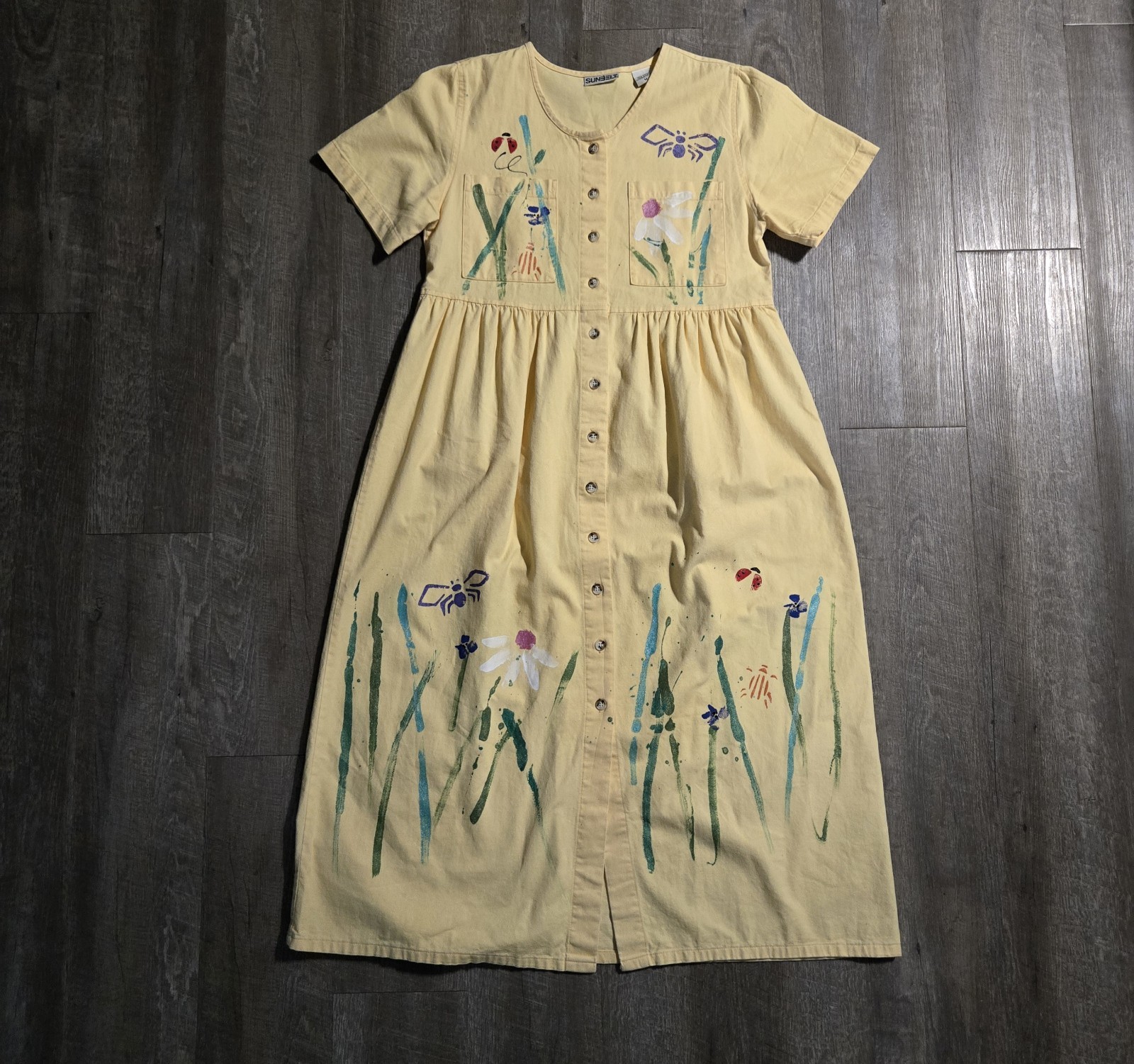 Vintage Sunbelt L.J. OMODT Hand Painted Signed Shirt Dress Yellow Floral Size M