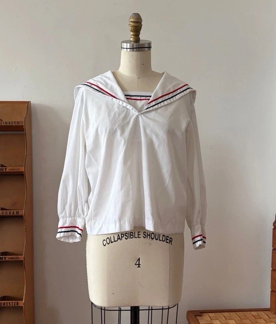 1960s Nautical Sailor Collar Blouse / Boxy Middy Top Bishop Sleeves Summer S/M