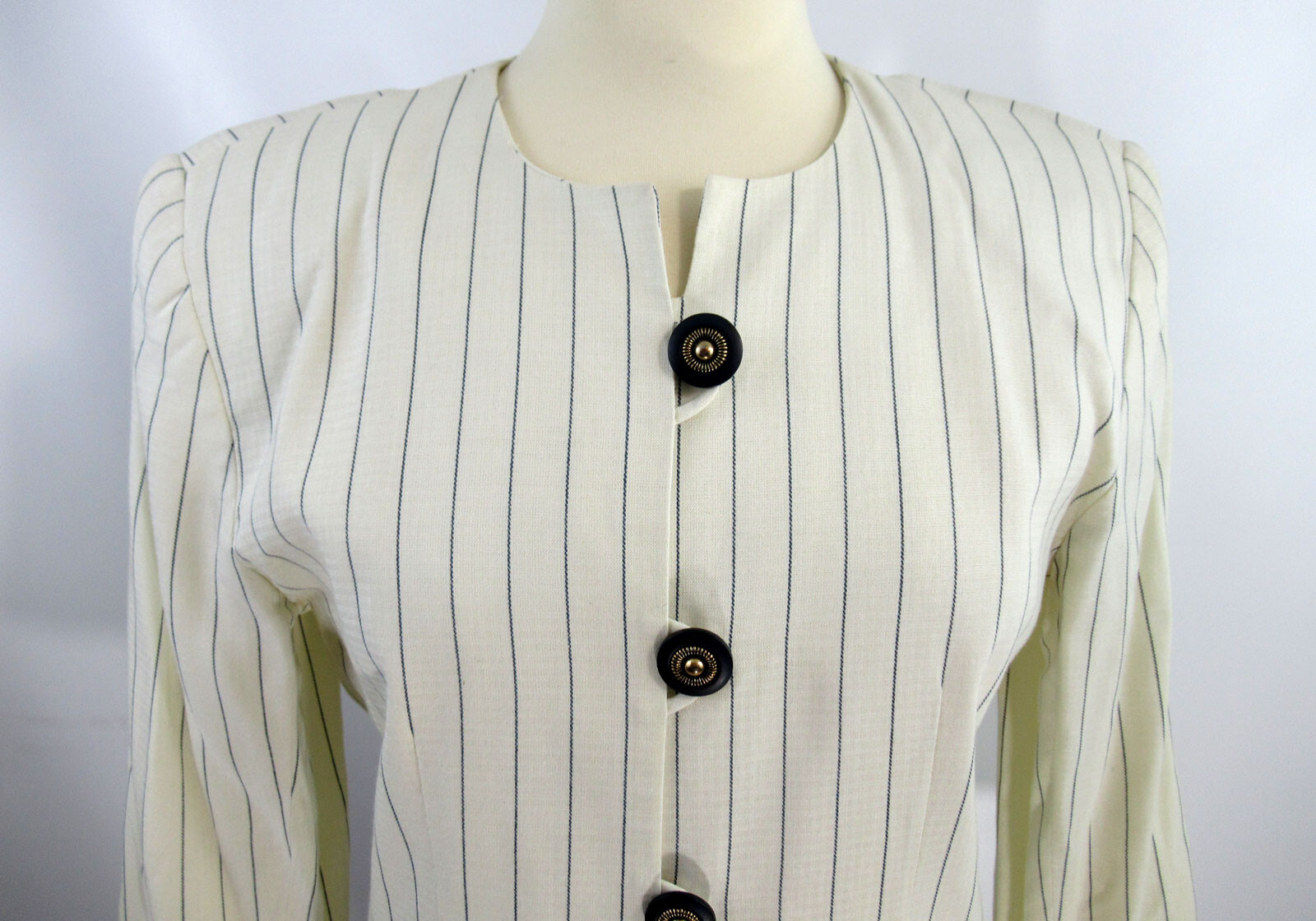 Vintage 1980s suit long jacket and skirt M.J. Carroll Cream striped rayon flax