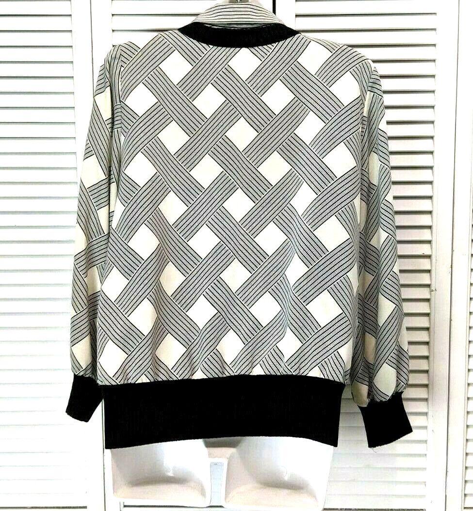 Vintage 70s Pullover Blouse Banded Hem Leslie Fay 10P Black White Blouson Mod