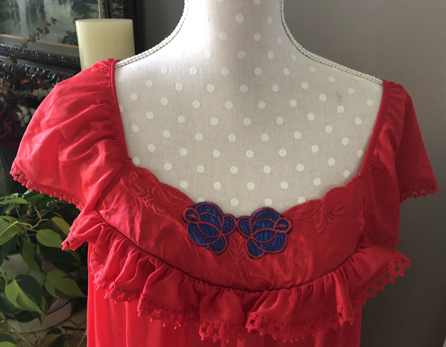 Vtg. 80’s KELLY REED Red Embroidered SS Silky Night Gown Plus Size 26W Or 4X
