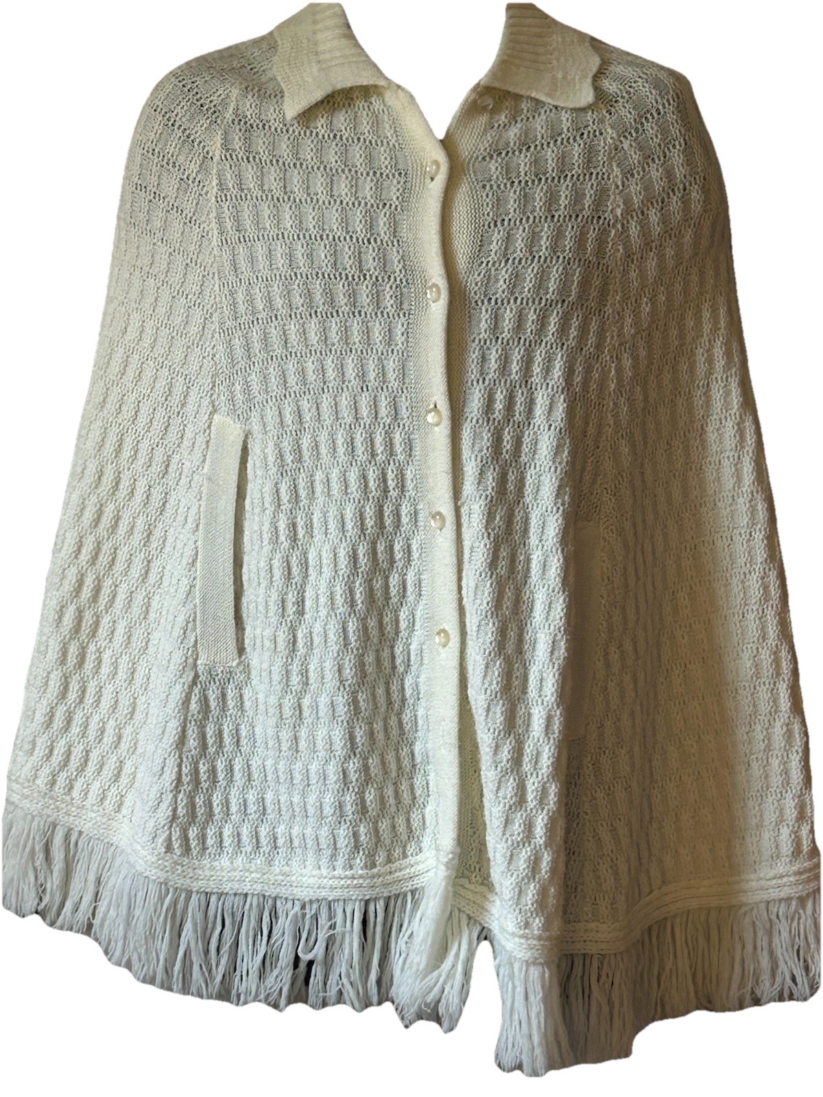 VTG 70’s White Knit Poncho W/ Fringe Arm Holes Hippie Boho Granny core S