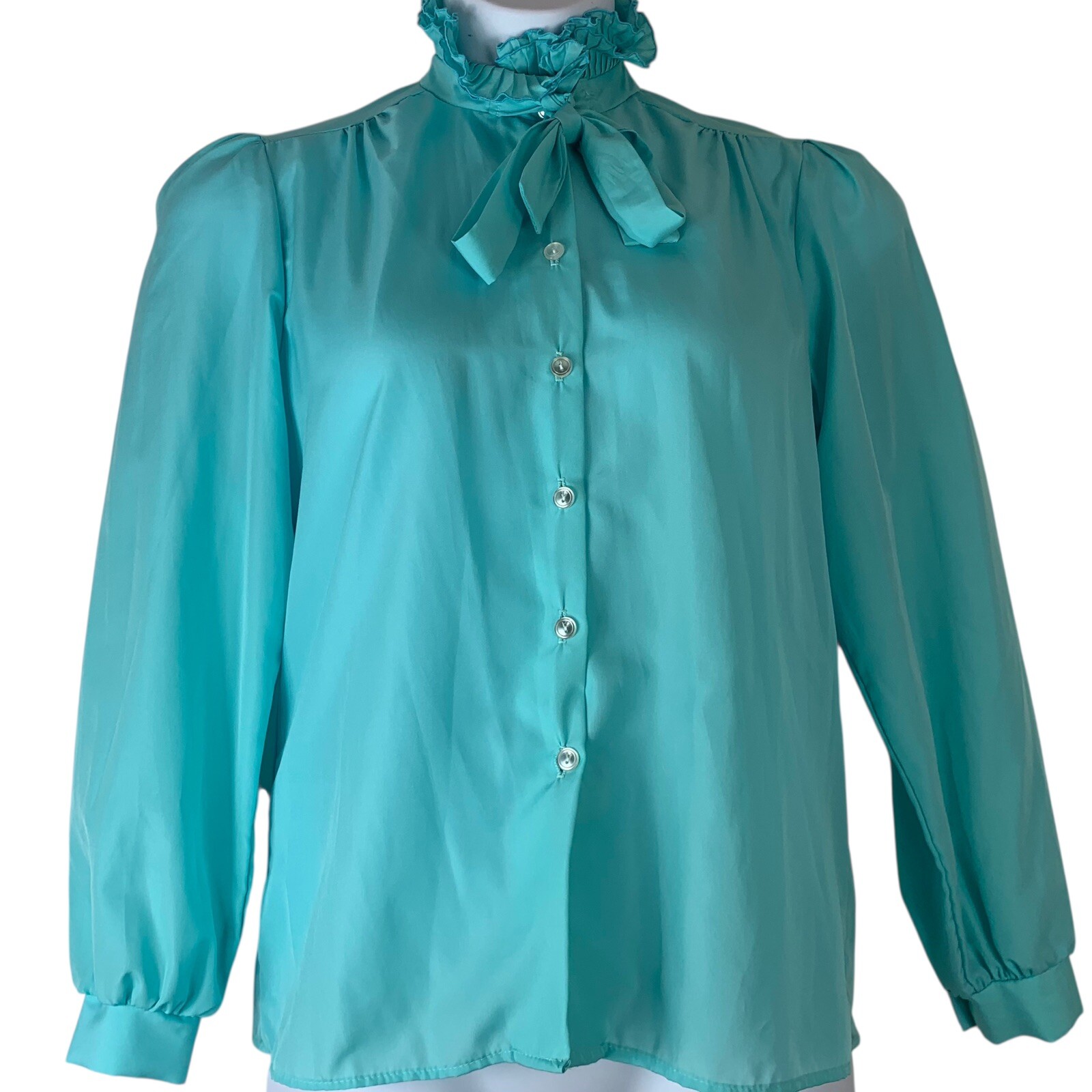 Vintage Blouse Size 10 Blue Button Front Tie Ruffled Neckline Copy Cats