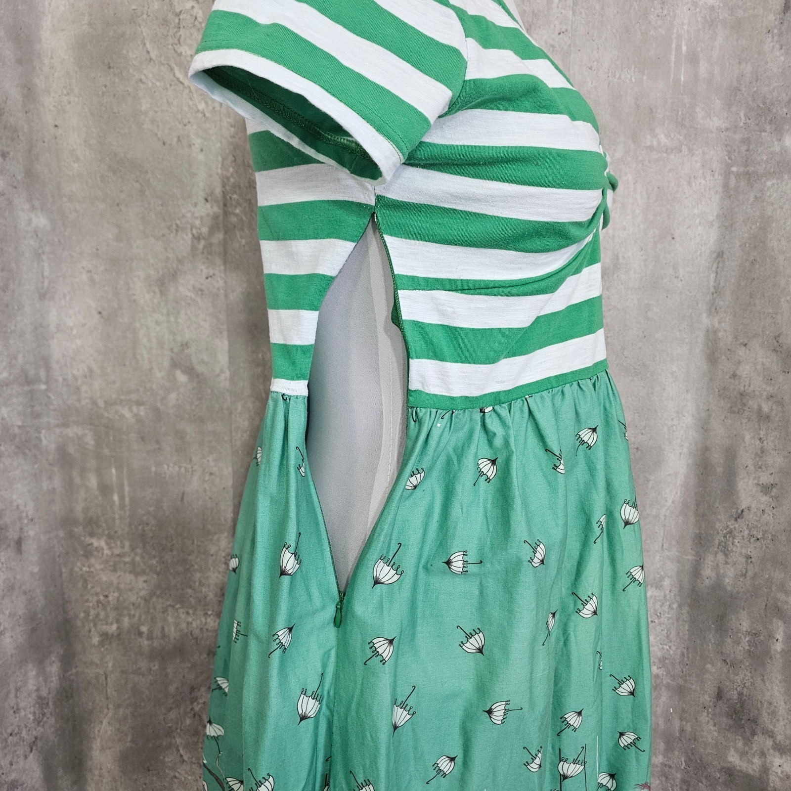 Novelty Circus Carousel Print Dress Green Stripe Fit Flare Womens M/L Retro