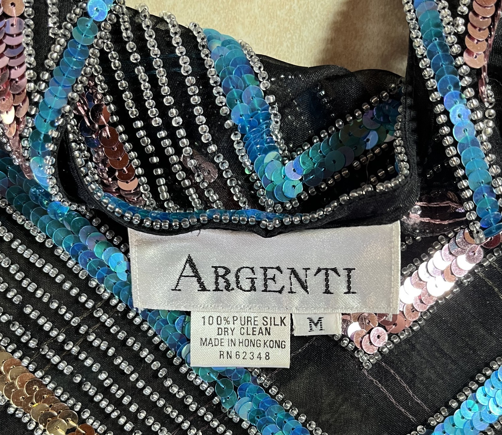 1980s Club Scene Black & Blue & Silver Sequin Silk Blouse by Argenti Size Medium