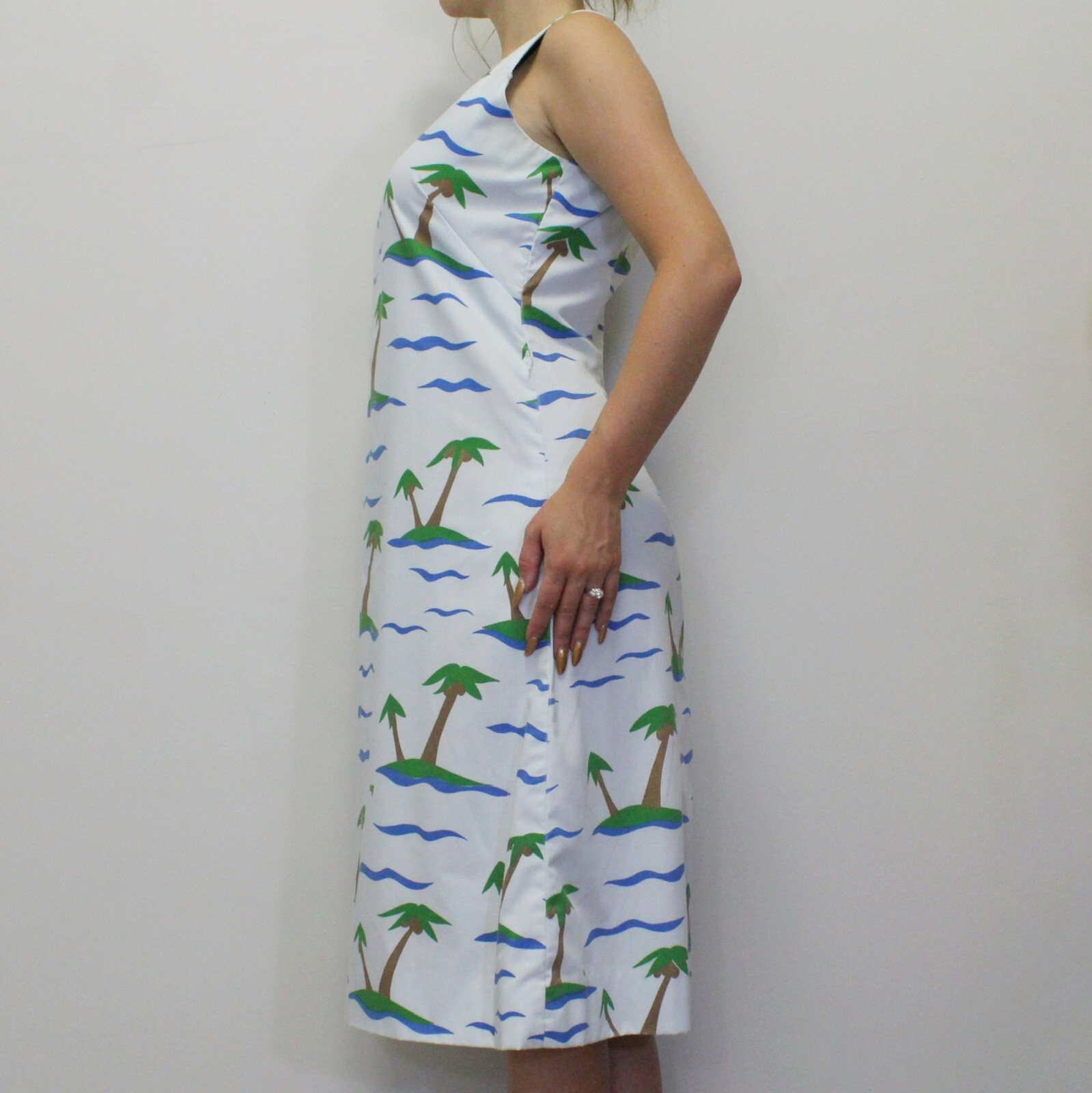 Vintage 70s The Vested Gentress Hand Screen Printed Midi Dress with Tropical Pal