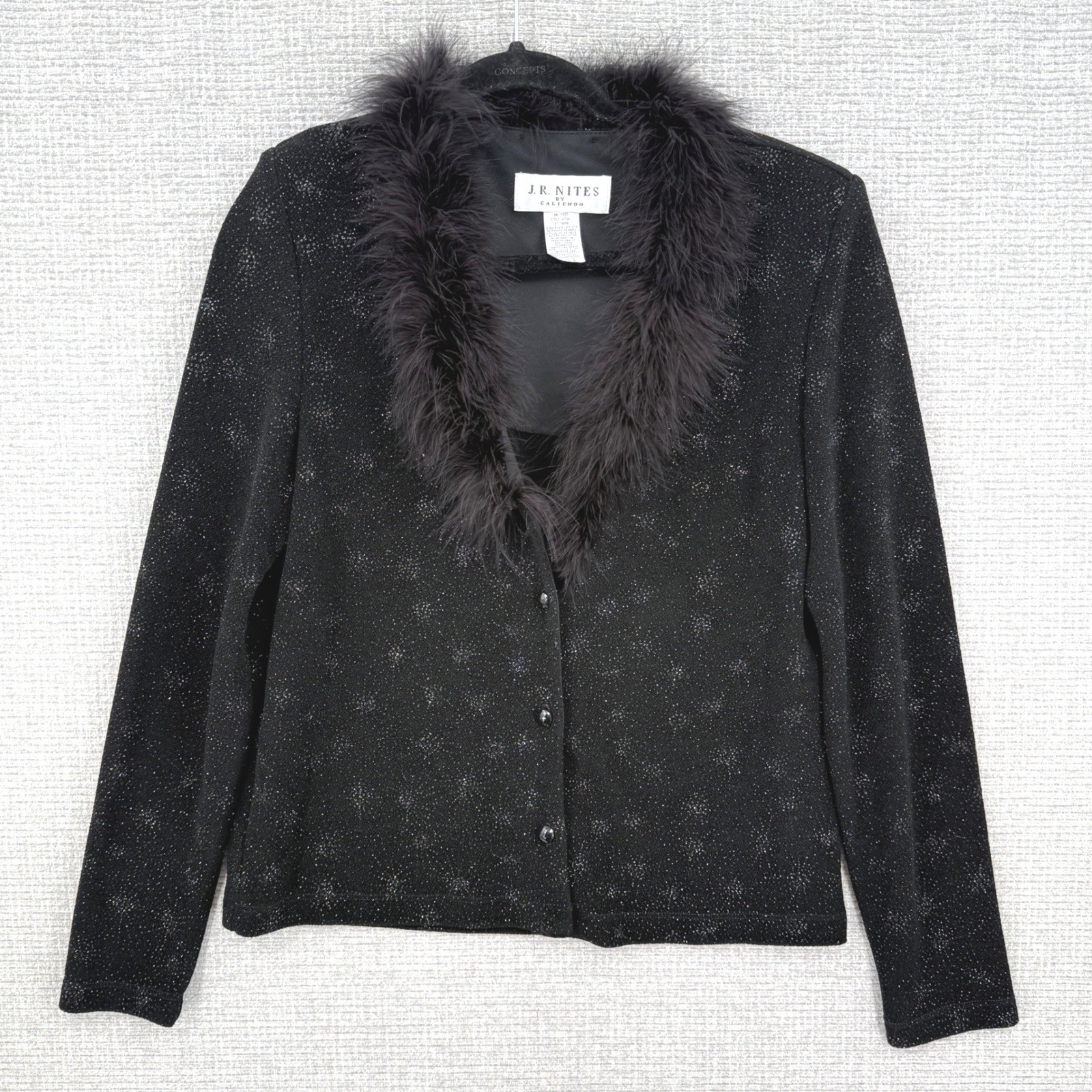 Vintage Y2K Bratz J R Nites Cardigan Women 8 M Black Glitter Feather Trim Goth