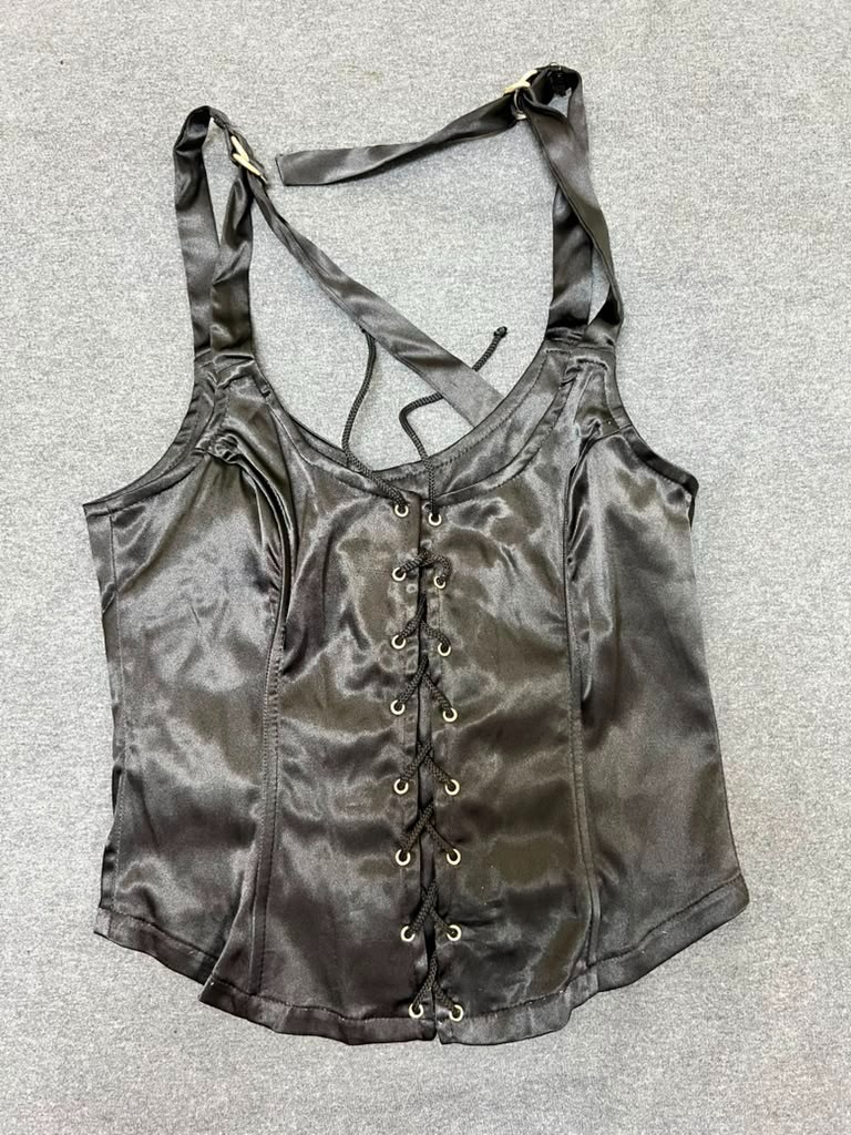 Vintage Frederick’s of Hollywood Black Satin Lace-Up Corset Tank Top Size Small