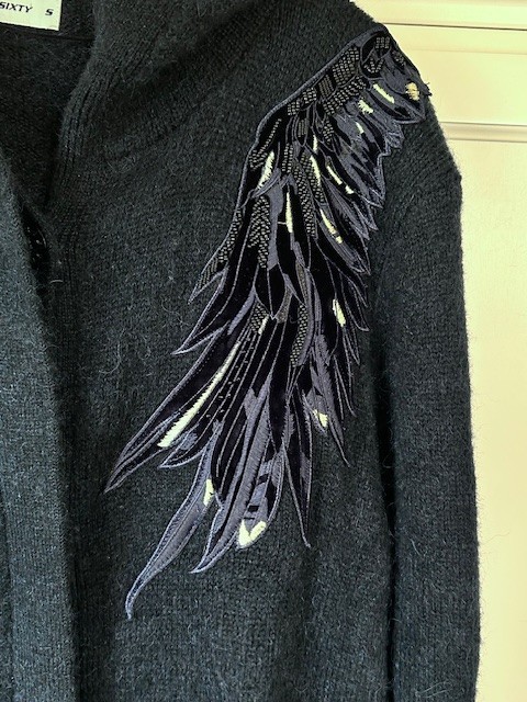 Miss Sixty Cardi Sweater Vtg SM Coat Wool Mohair Blue Embroidery Wings Applique