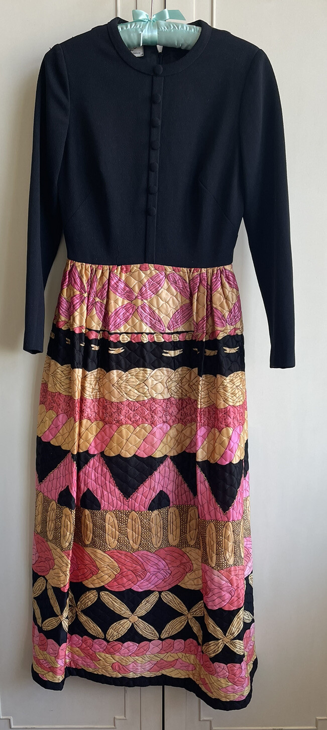 Vtg MCM 1960s EVE LE COQ Maxi Dress S/M Boho Hip Chic Black Pink MAD MEN ERA