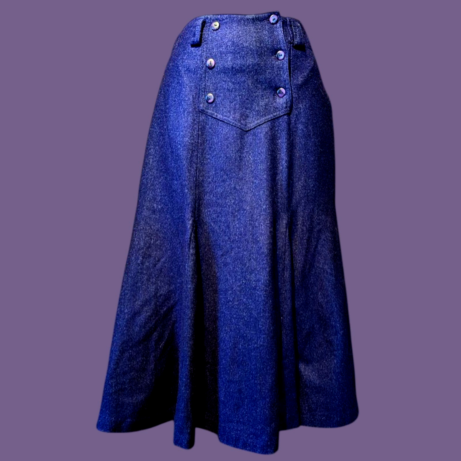 VTG 80s heavy dark purple wool mermaid midi skirt sailor buttons 23″w 00 XXS 3E