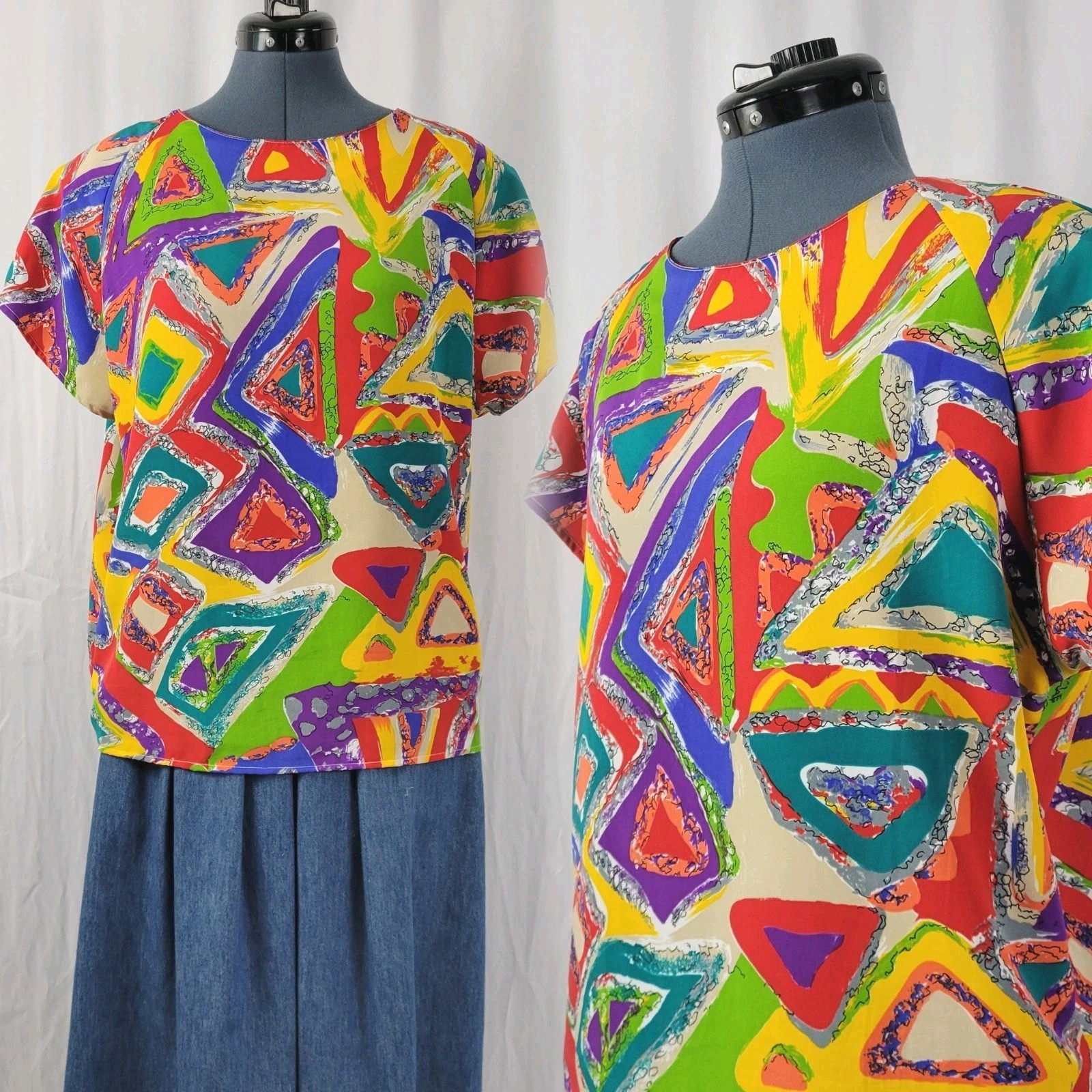 Vintage Impressions Multicolored Geometric Raglan Sleeve Blouse Size Large