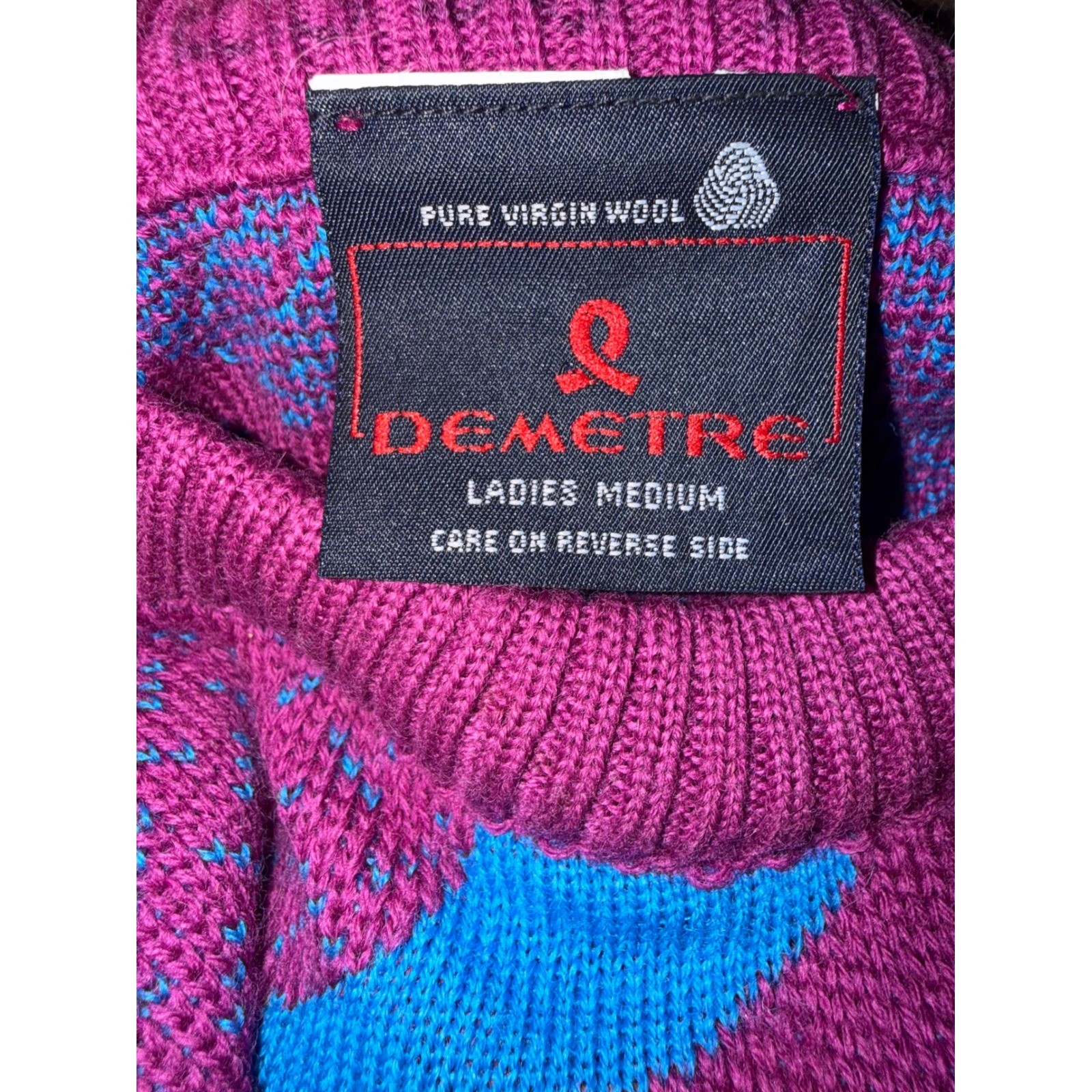 VTG Demetre Wool Sweater Magenta Turquoise Wave Knit Made in USA Ladies Medium