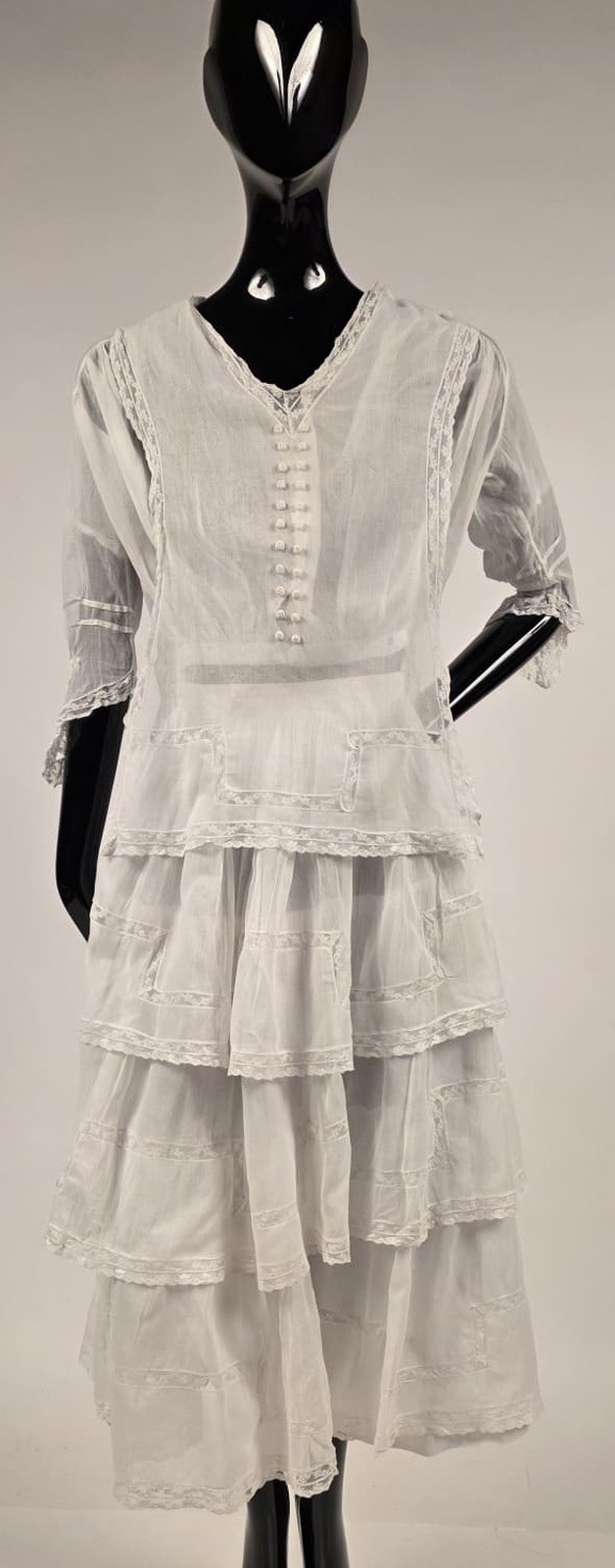 2 PC EDWARDIAN WHITE COTTON ORGANDY DRESS W LACE INSERTION + FLOUNCED SKIRT