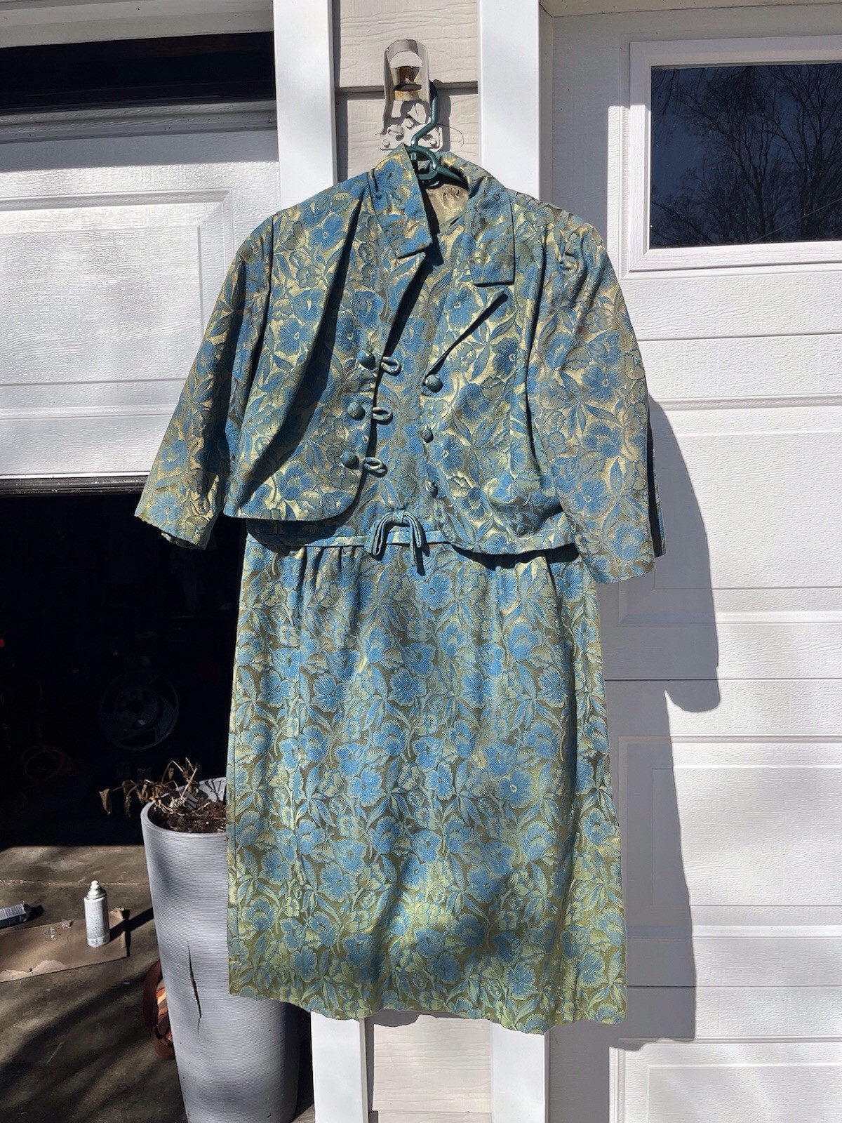 Vintage 1950s 1960’s Dress Brocade Green Gold Floral Sleeveless With Jacket M/L