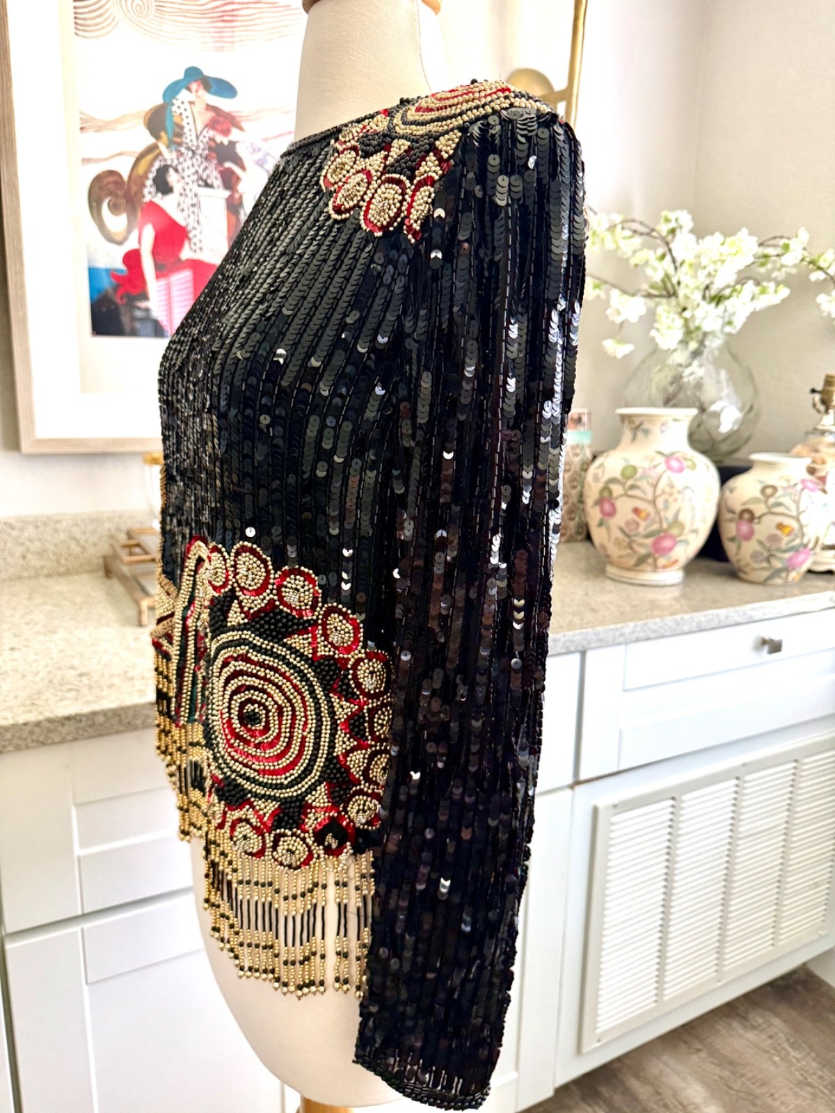 Vintage 80’s Niteline Beaded & Sequin Top Fringe sz S Black Gold Red