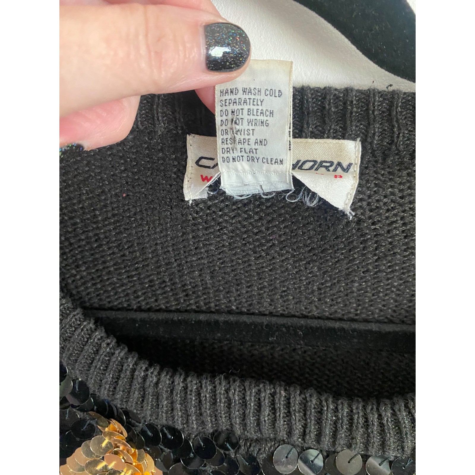 Carol Horn Workshop Vintage Black Gold Sequin Argyle Sweater Womens Medium Ramie