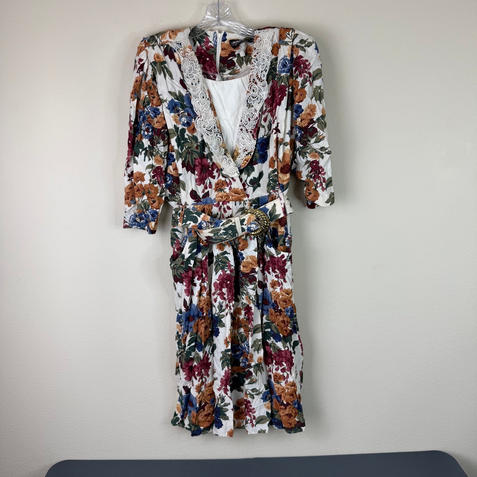 S.L. Fashions Women’s VTG Floral V-Neck 3/4 Sleeve Knee Length Dress Sz Lar FLAW