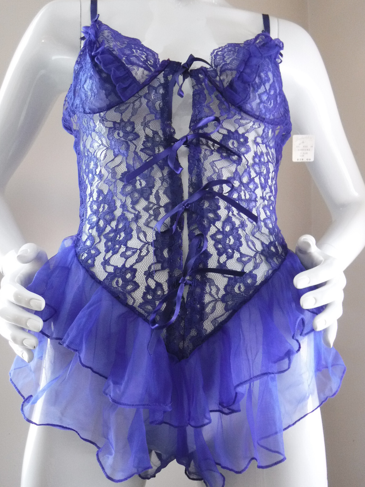 Frederick’s Of Hollywood VNTG 90’s New W/Tags Sapphire Blue Lace/Sheer Teddy Lg.