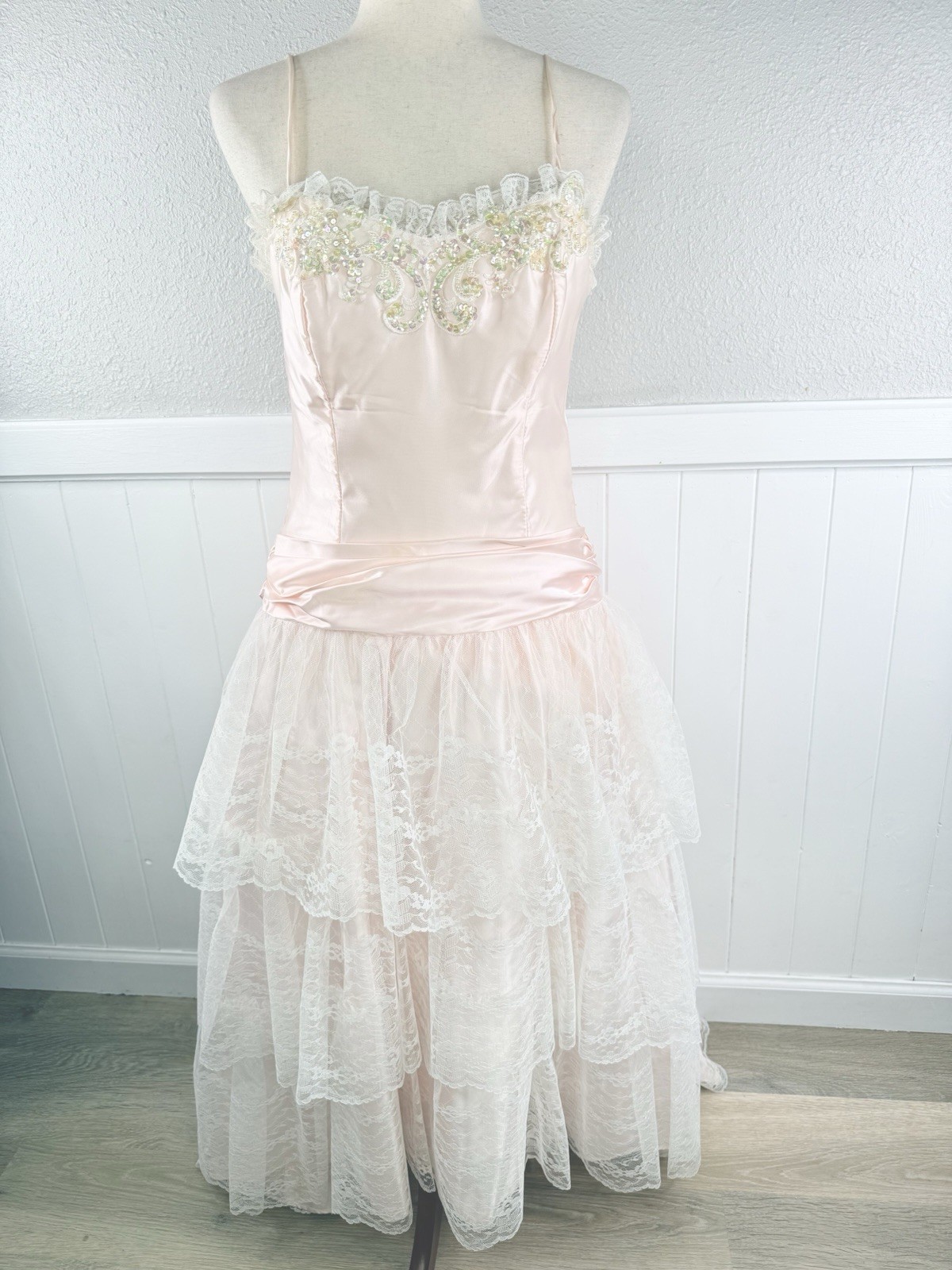 Vtg 80s Flirtations Prom Gown Southern Belle Dress Pink Lace Tiers Retro Small
