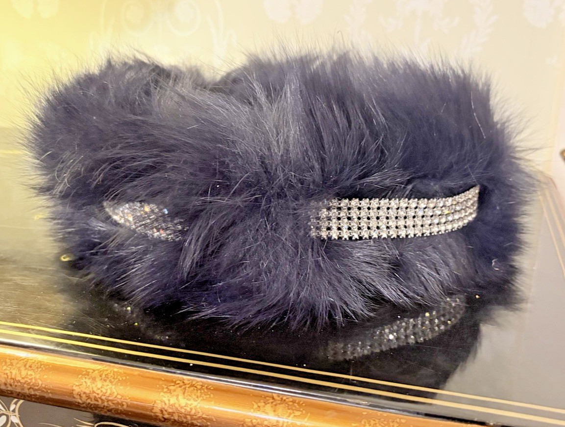 LIORAH Real DARK BLUE Fox fur headband hat, lined 23″ rhinestone band