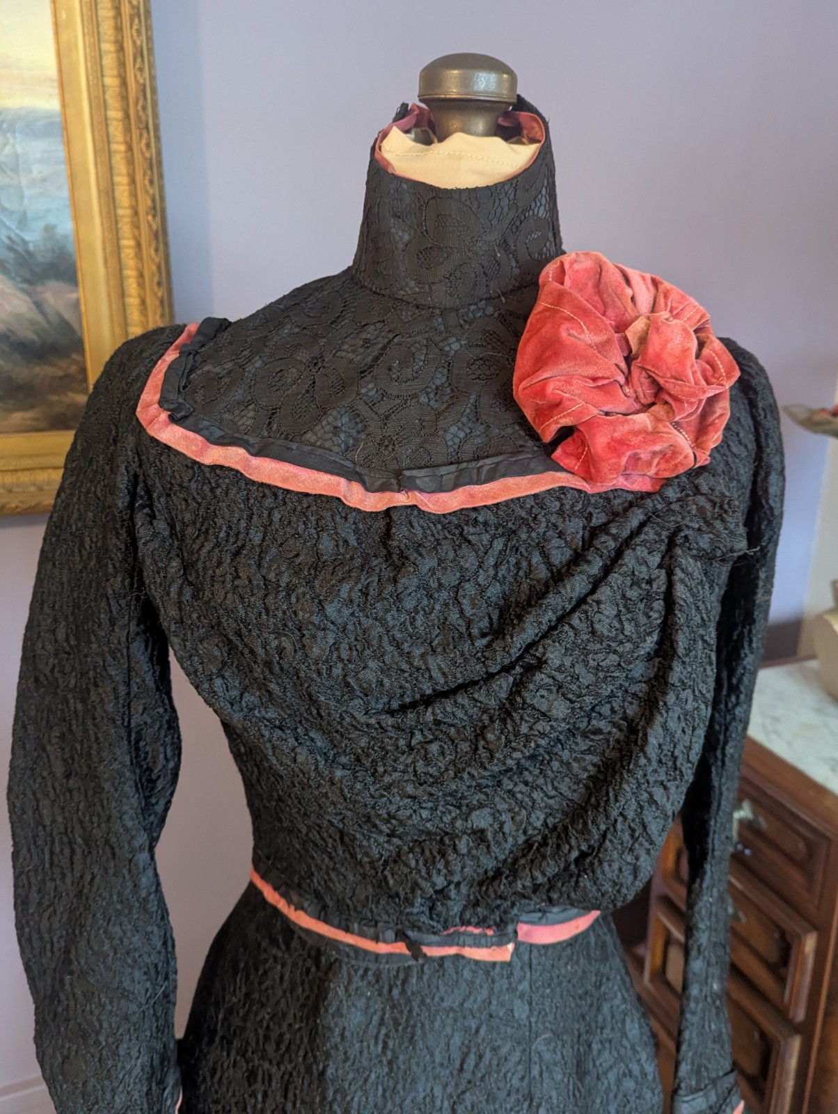 Antique Victorian Edwardian ca 1890’s – 1900 2 Piece Dress Velvet Rose and Trim