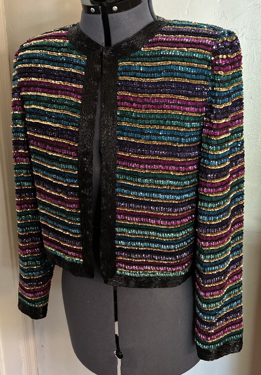 NWT Vintage Laurence Kazar Colorful Art To Wear Beaded Jacket Size M 100% Silk