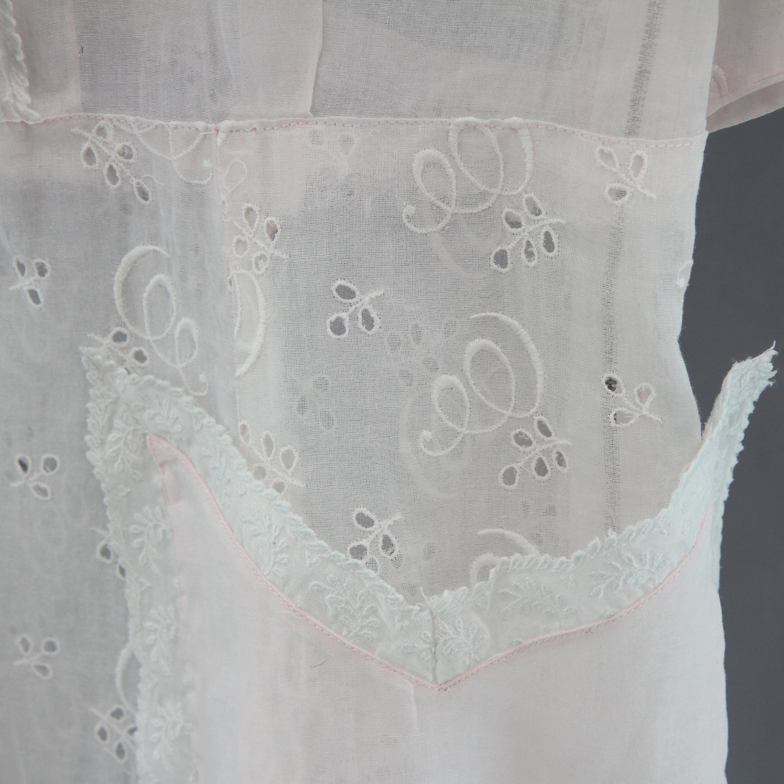 Vintage 1940s-50s Pink Organdy Embroidered Dress Lace Trim Hand Sewn Hem