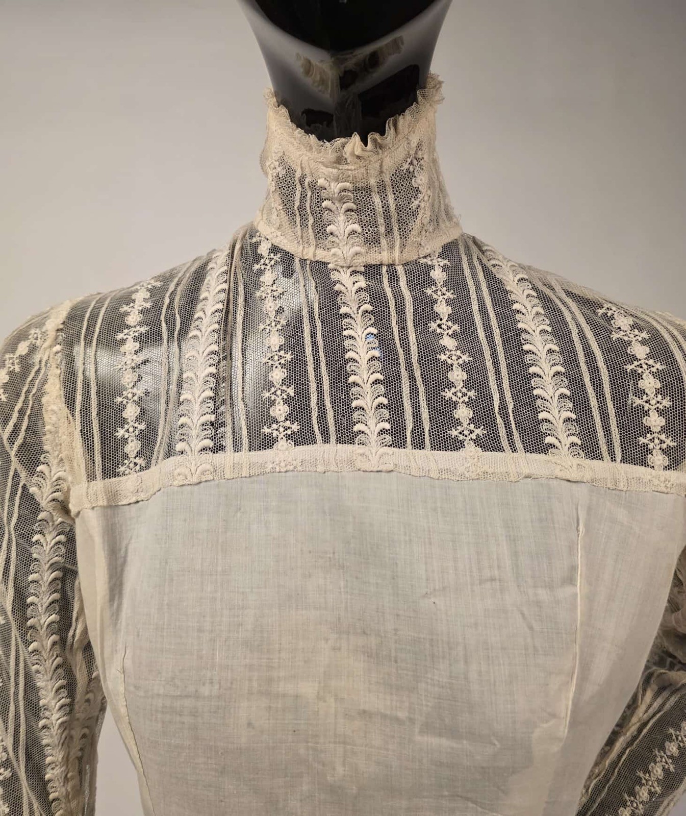 VICTORIAN 19TH C HIGH COLLAR EMBROIDERED NET LACE UNDER TOP BLOUSE