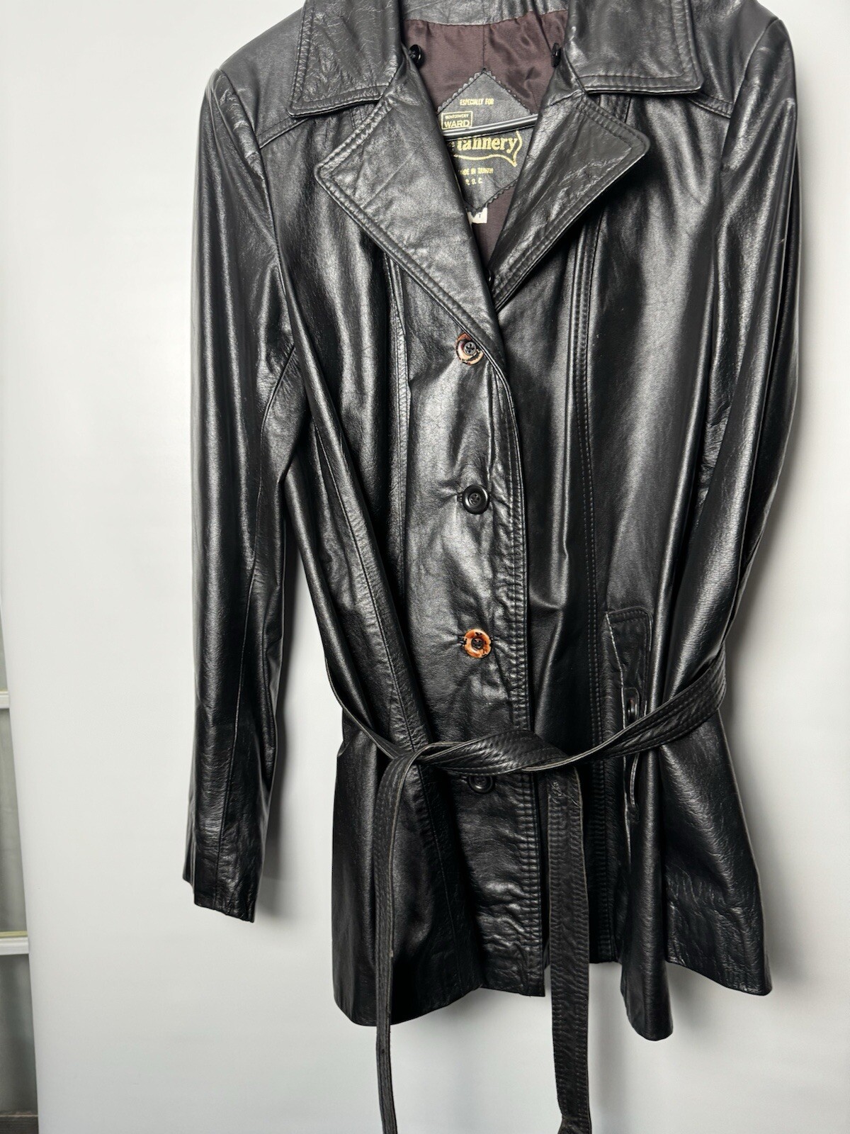 The Tannery Vintage Women’s Black Leather Jacket Montgomery Ward Button Up 14-T