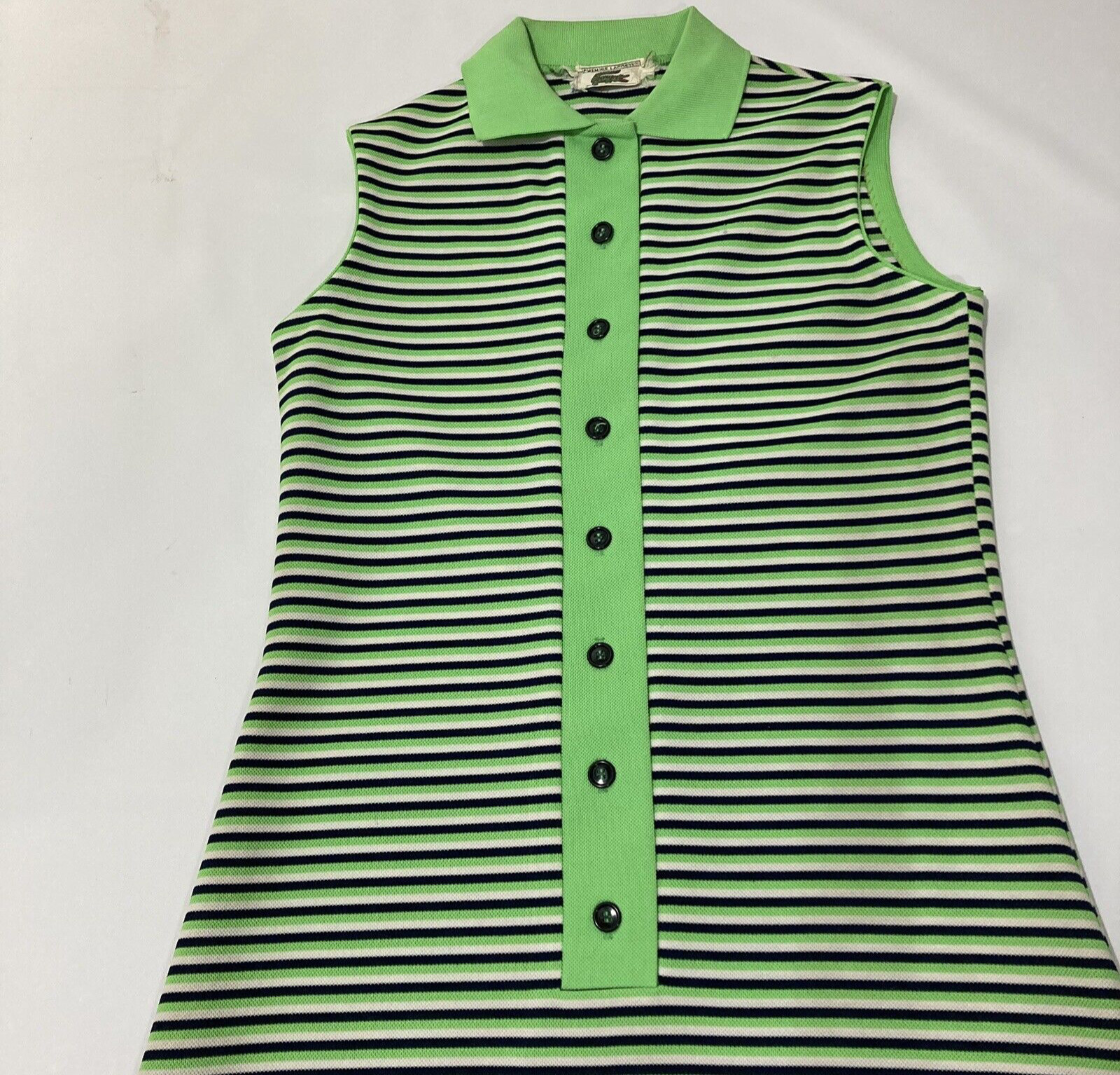 Vtg 70s Chemise Lacoste Shift Dress Med Lime Green/Black Stripe Mod Go-Go Preppy