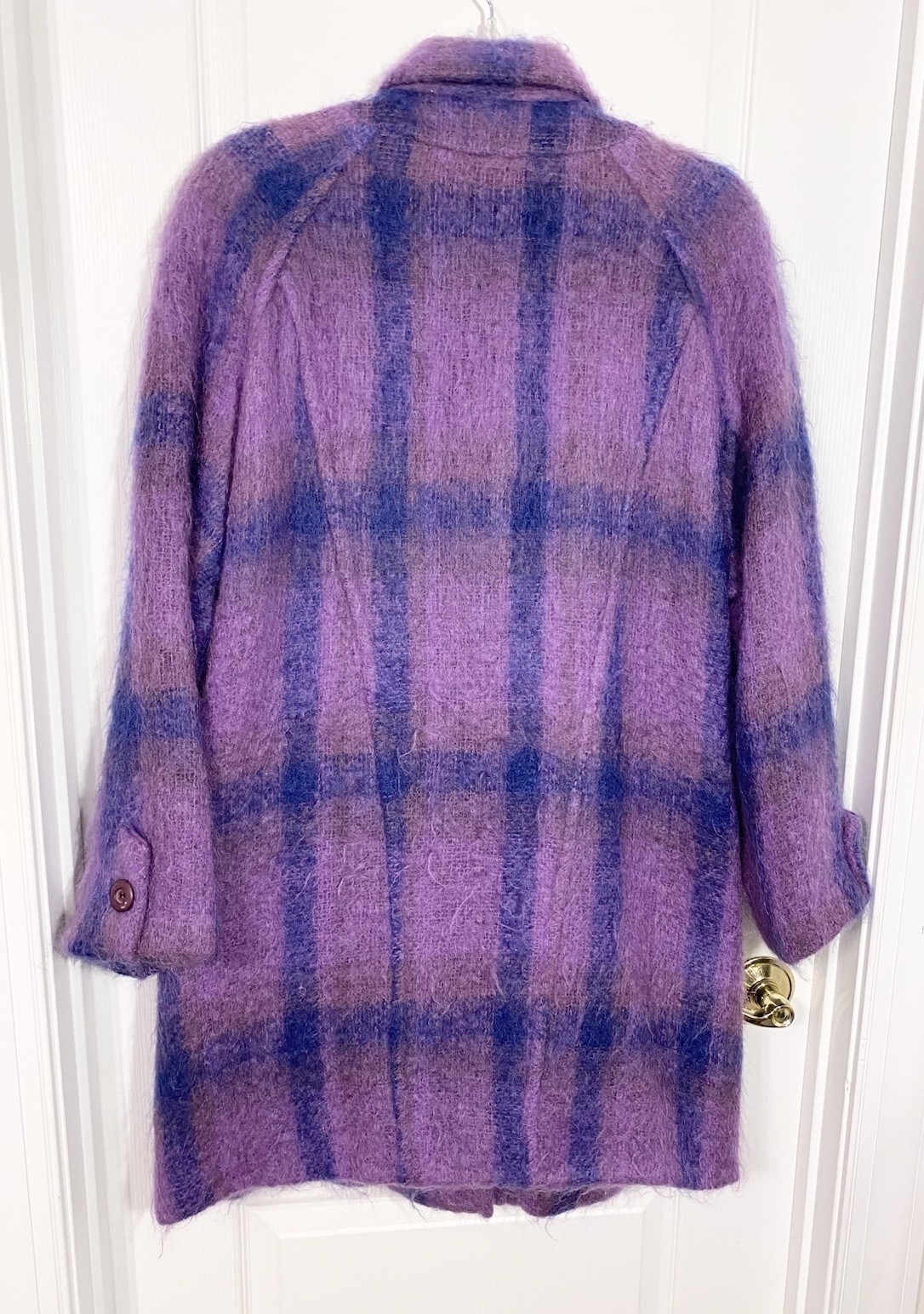 90s Donegal Design Mohair Wool Plaid Scarf Collar Coat Ireland Made VTG Large