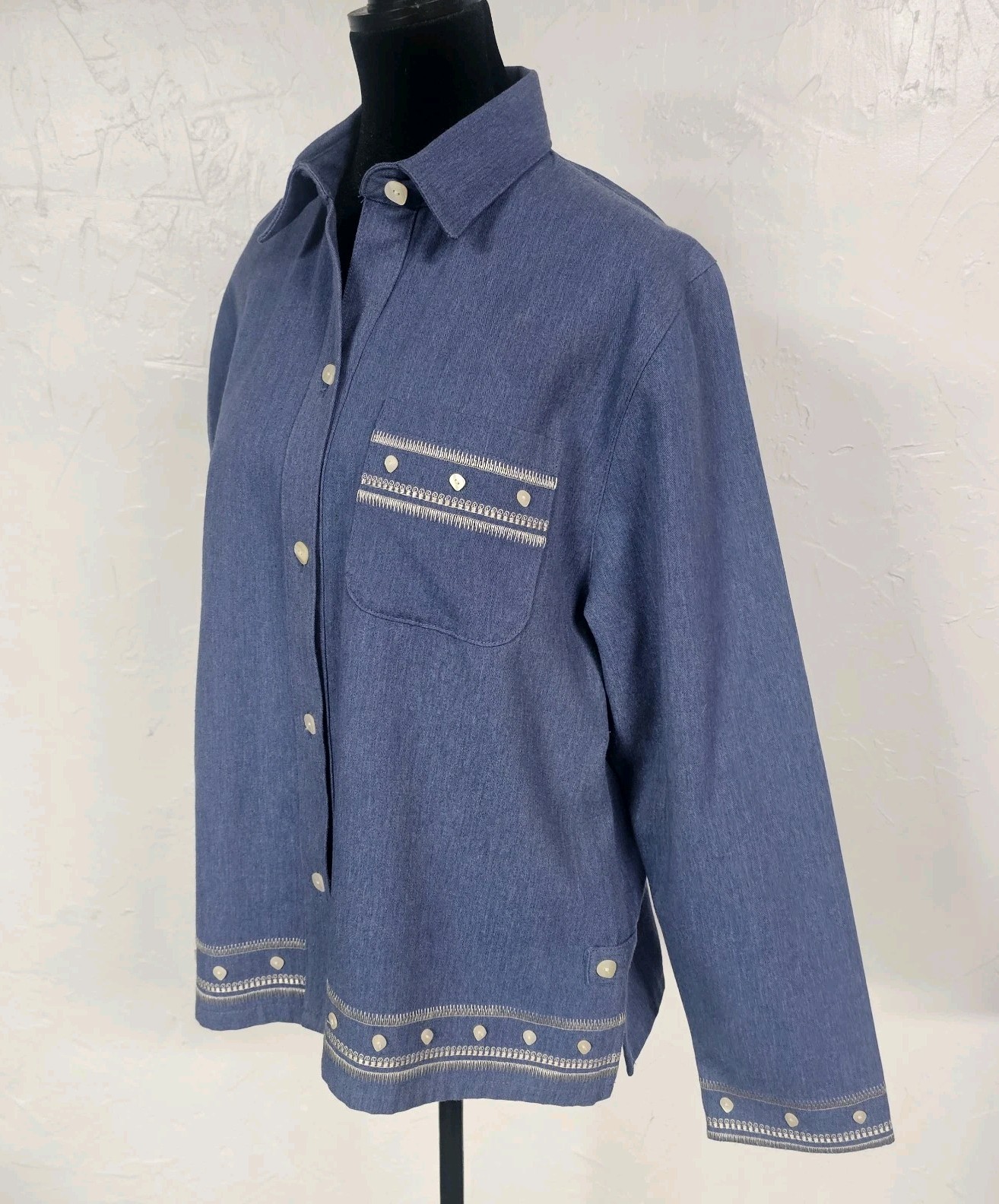 Vintage Bon Worth Women’s Denim Blouse Embroidered Country Americana Size S