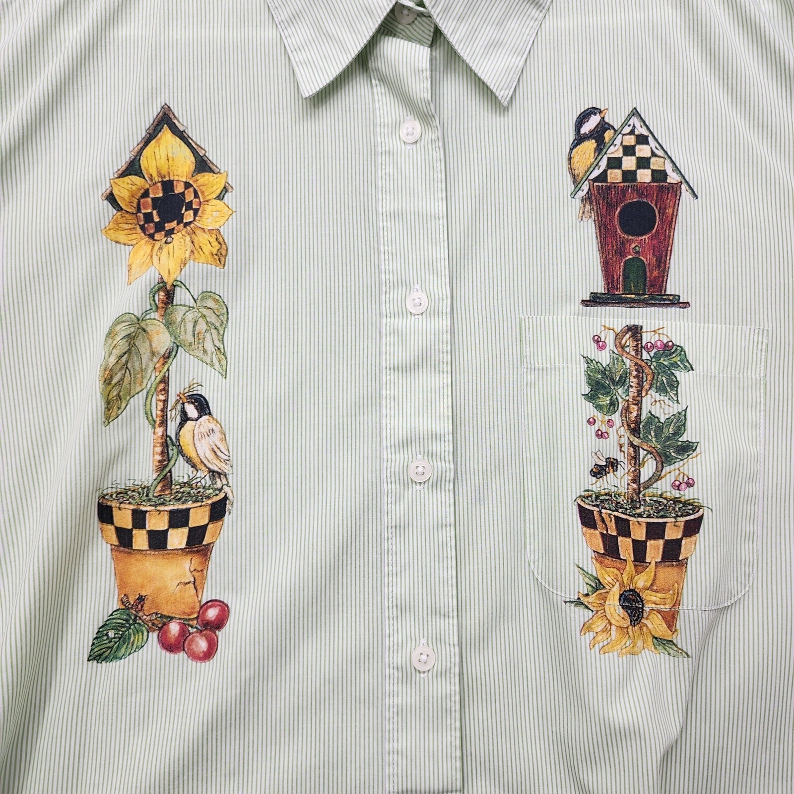 Vintage Get Lucky USA Top Womens 1X Green Striped Long Sleeve Bird House Flowers
