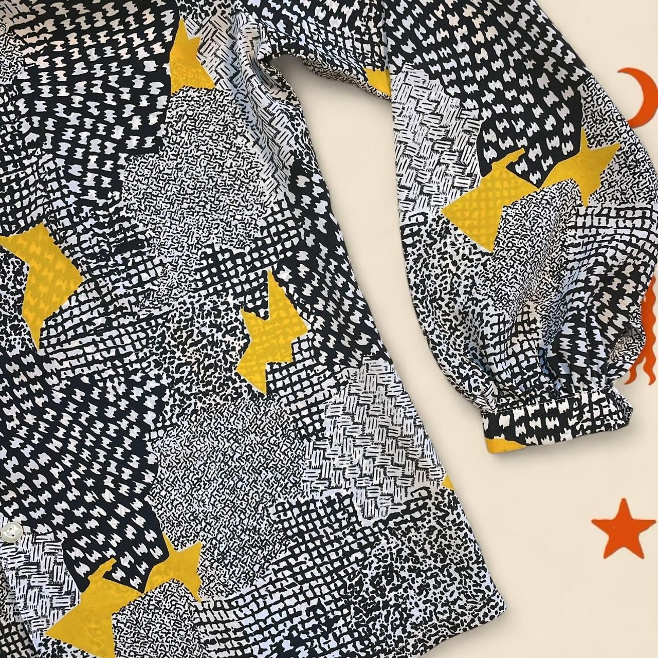 Vintage 80s Women’s Blouse Colorful Black White Yellow Mix Print Secretary Retro