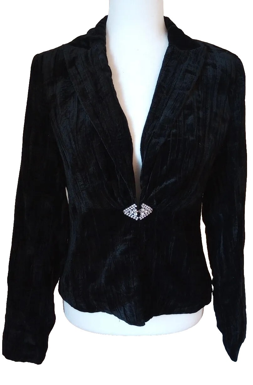 VTG Bob Mackie Studio Ladies Crushed Velvet Blazer Rhinestone Clasp 6 BLK EUC