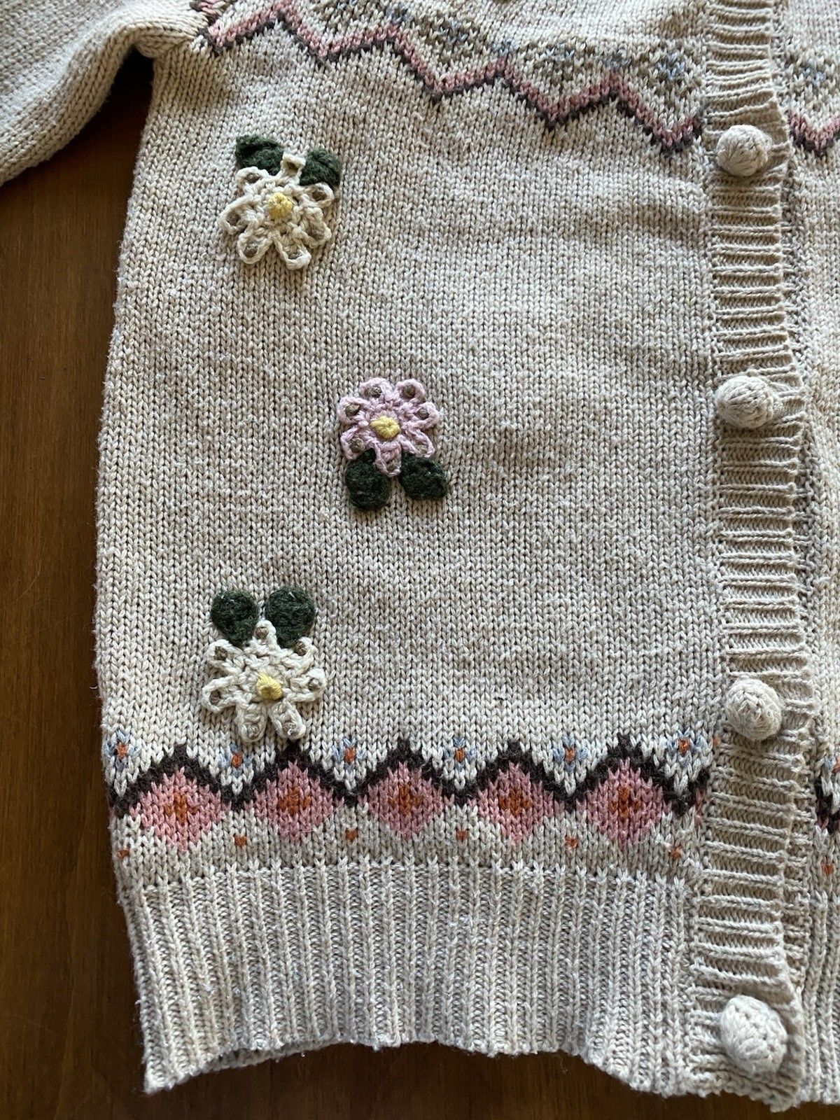 Cardigan Sweater Vintage Knitted Floral Off White Cream Color