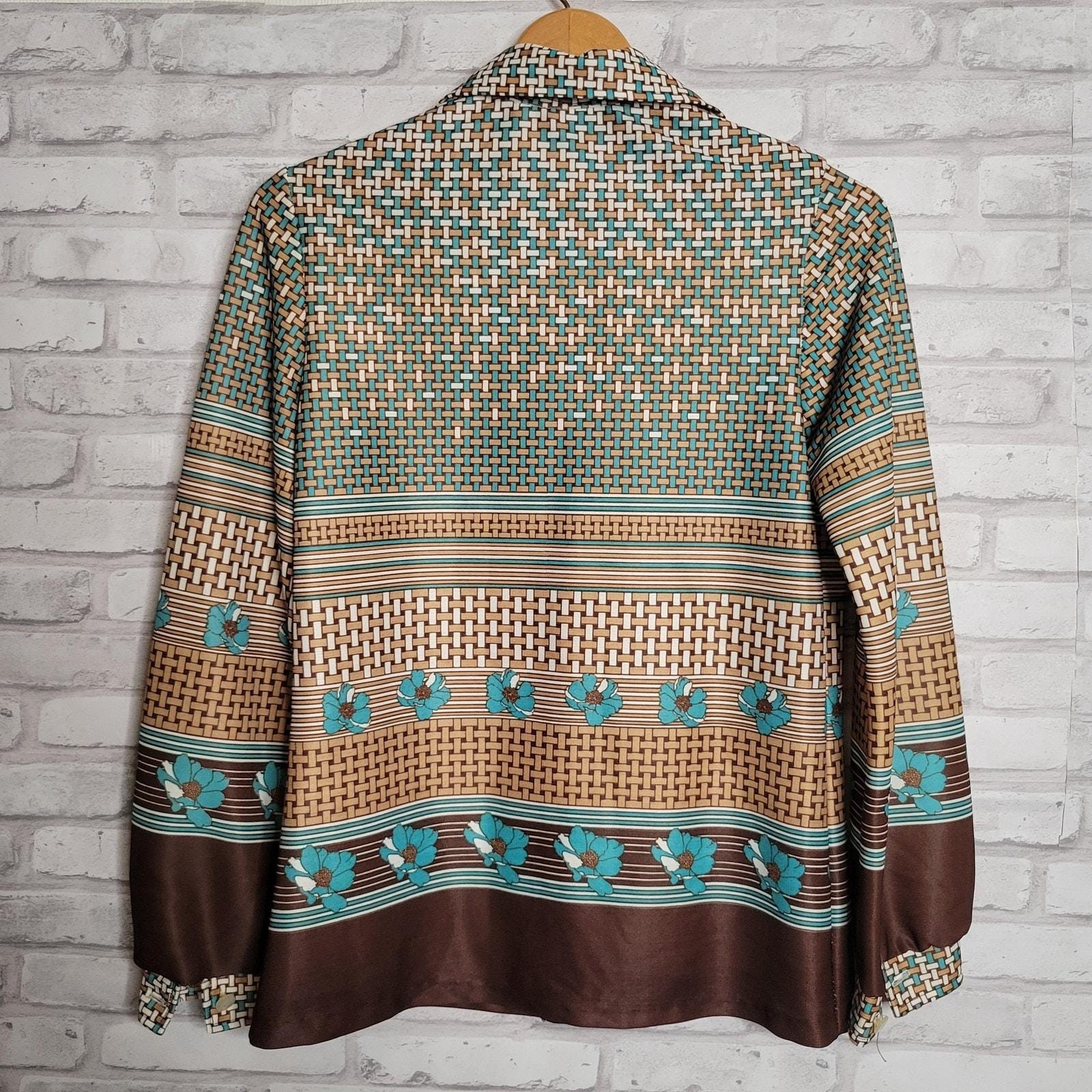 Vintage 1970s Blouse Shacket brown aqua Sz M pop art floral mod hippie