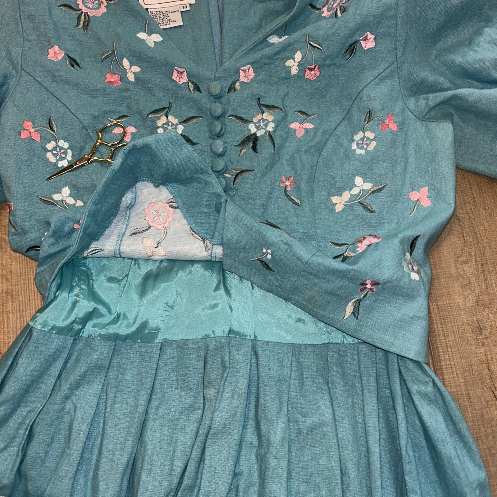 Vintage Linen Dress Prairie Cottage Country Embroidered Florals Teal 90’s 12(10)