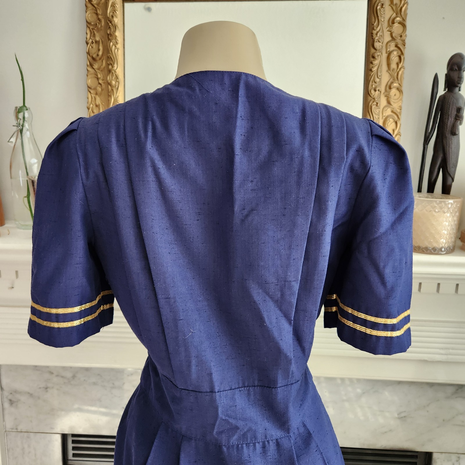 Vintage 80s Blue Midi Pencil Dress Military Nautical Office Pleated Size 6