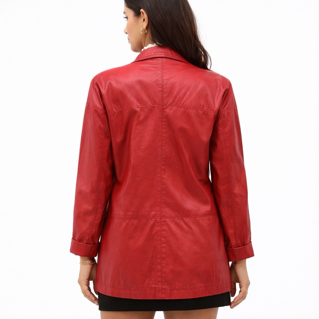 80s Vintage Red Leather Jacket Womens M Oversized Holiday Blazer Relaxed Fit