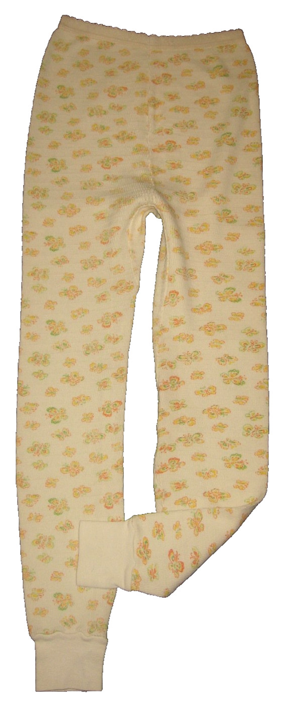 Vintage 70s Yellow Butterfly Print Waffle Knit High-Rise Long Johns Bottoms S/M