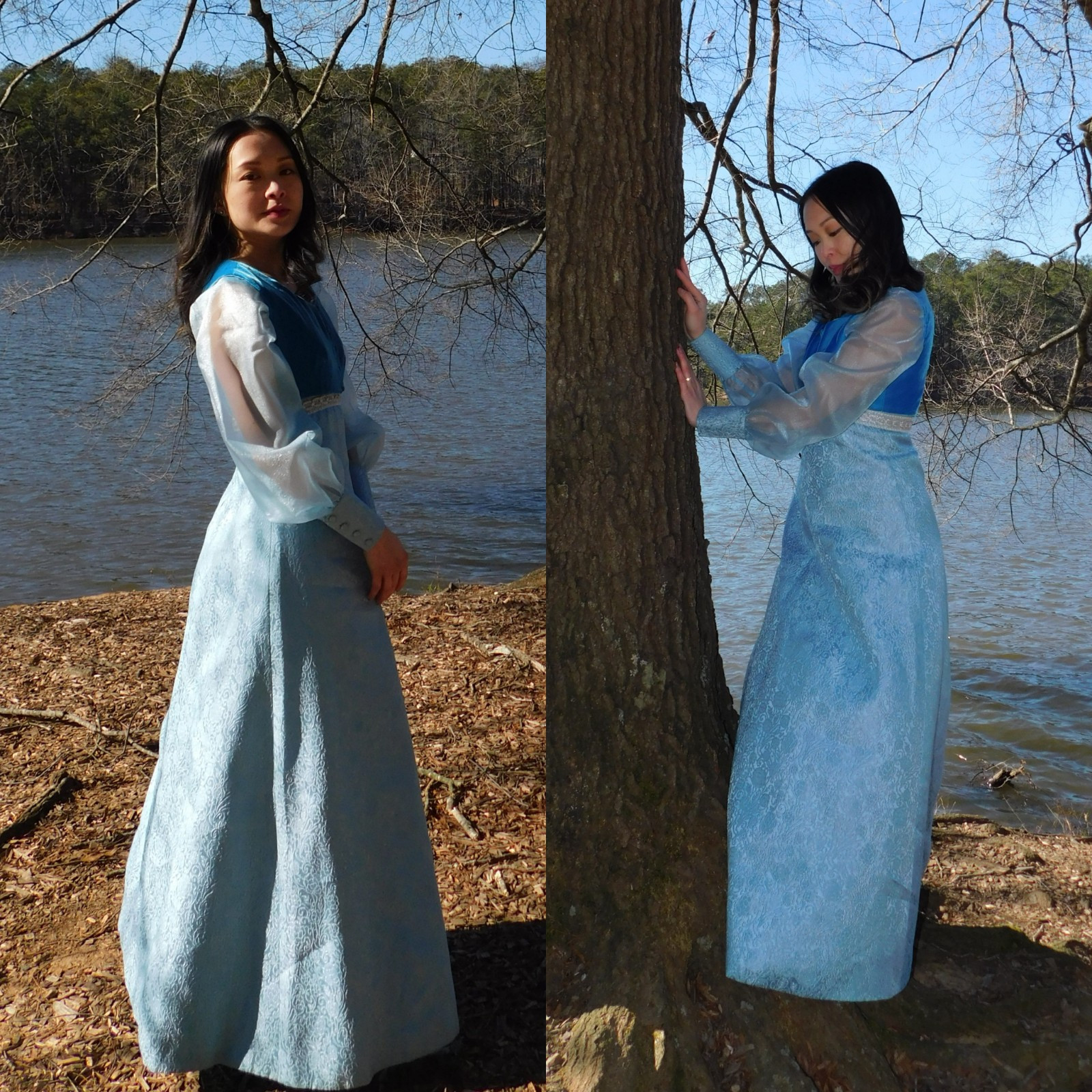 1970s Blue Empire Waist Medieval Style Dress