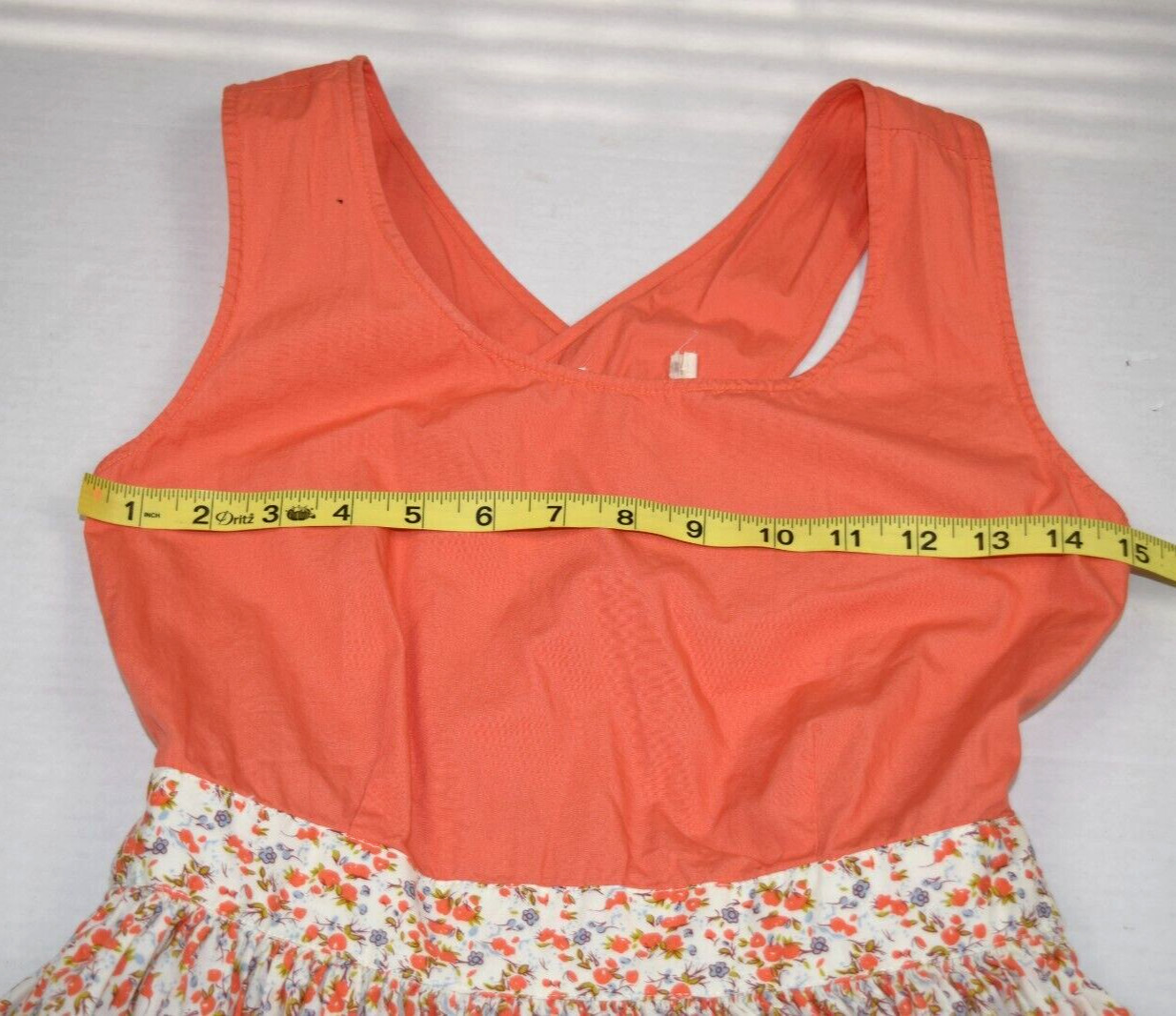 Vintage Dress Size S 70s Peachy Orange White Floral Skirt Crisscross Back