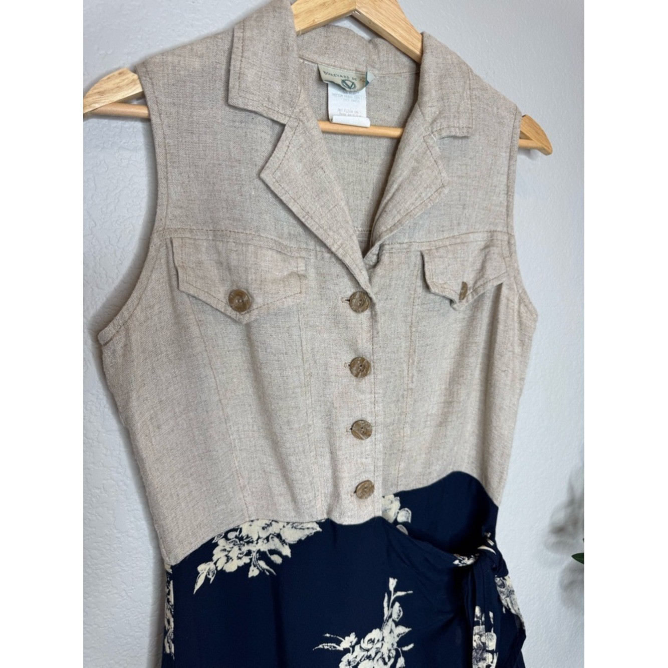Boulevard de Paris Linen Floral Wrap Dress Size 8 Beige Navy Sleeveless Vintage