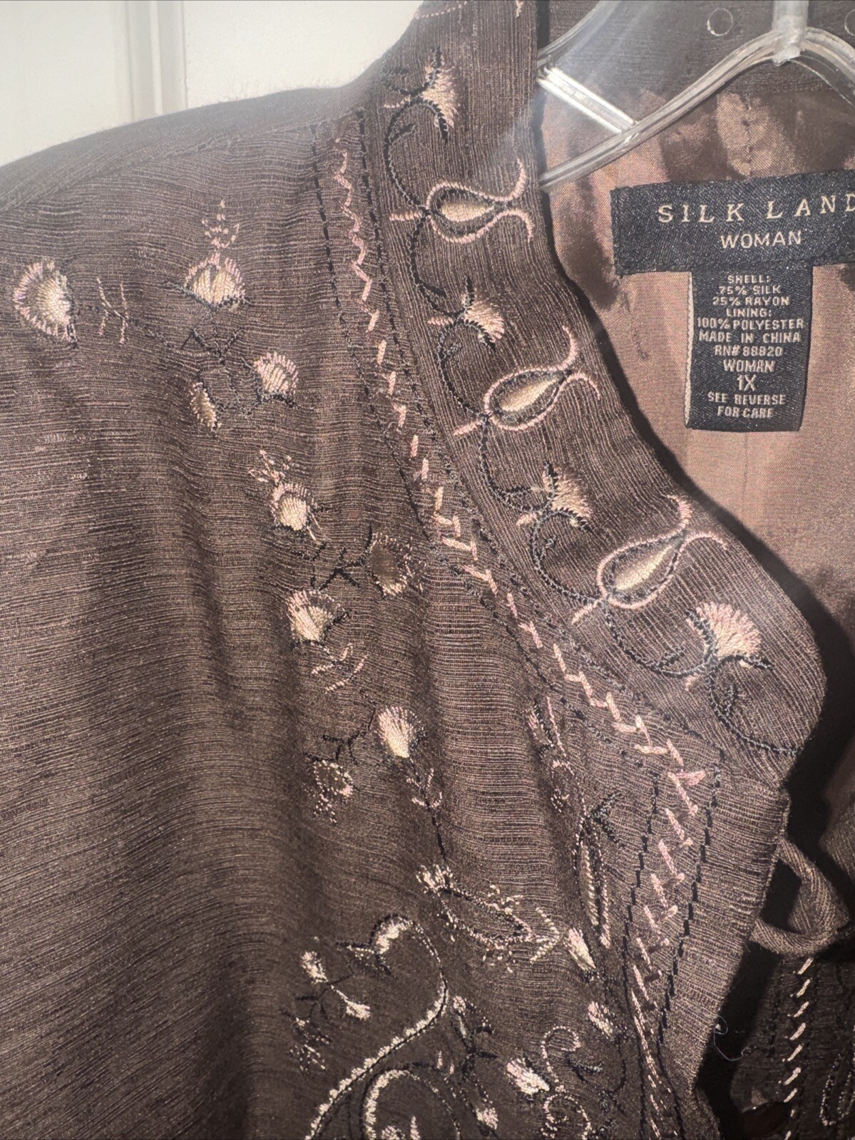 Silk Land Women’s 1X Silk/Rayon Embroidered/Beaded Brown Button Long Jacket Top