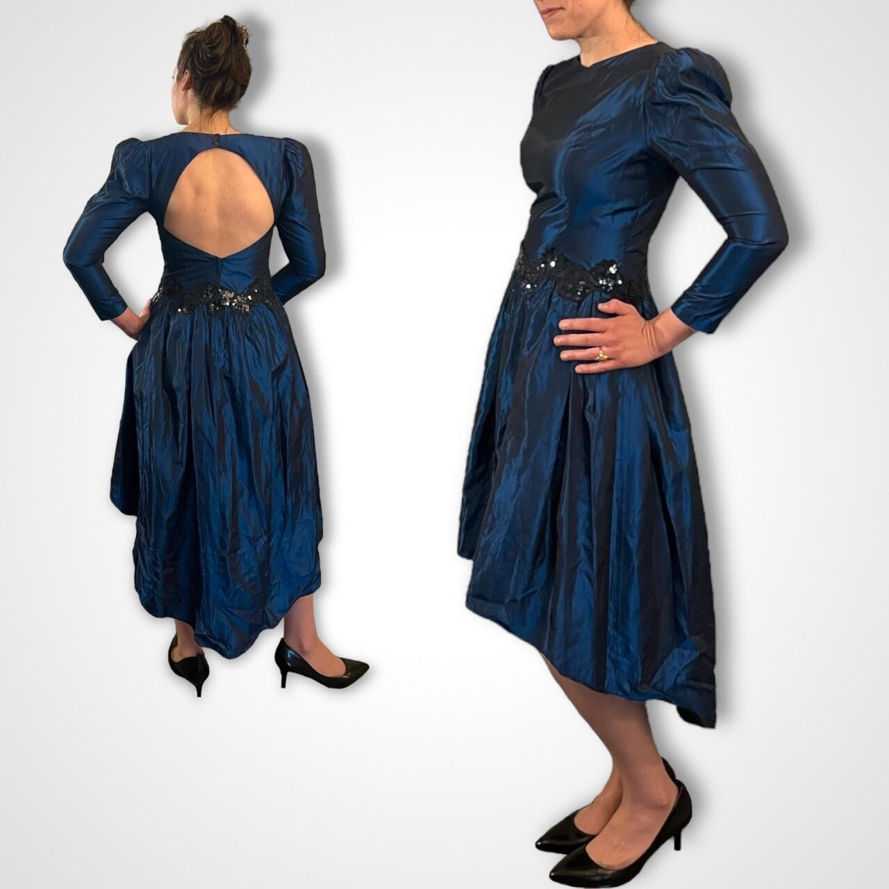 Backless Jessica McClintock Vintage 80s Puff Sleeve High Low Blue Dress Gown S/M