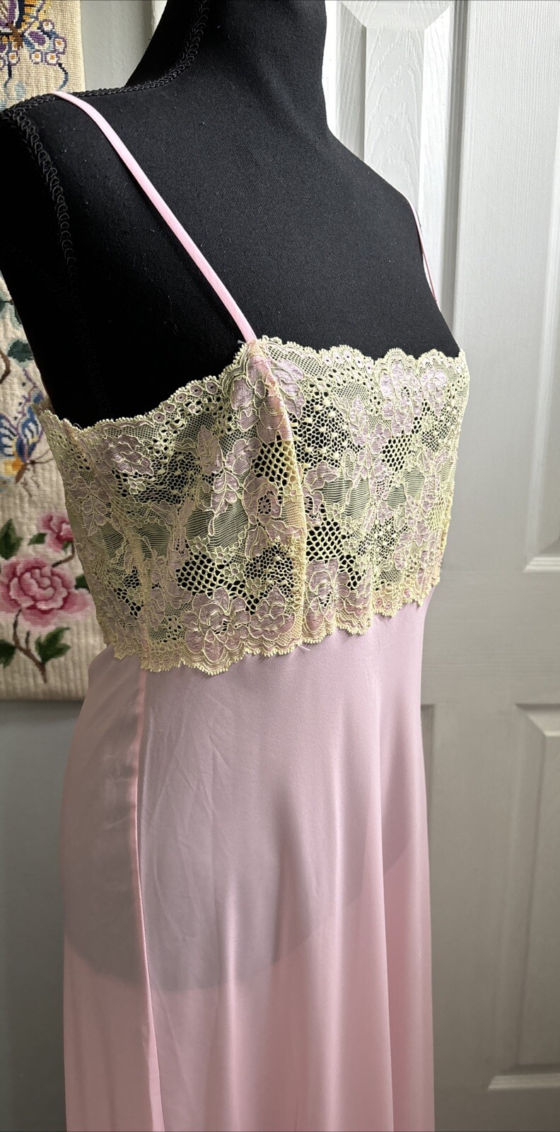 Vntg SLIP DRESS LINGERIE Pink CHIFFON Yellow LACE NIGHT GOWN VICTORIAS SECRET